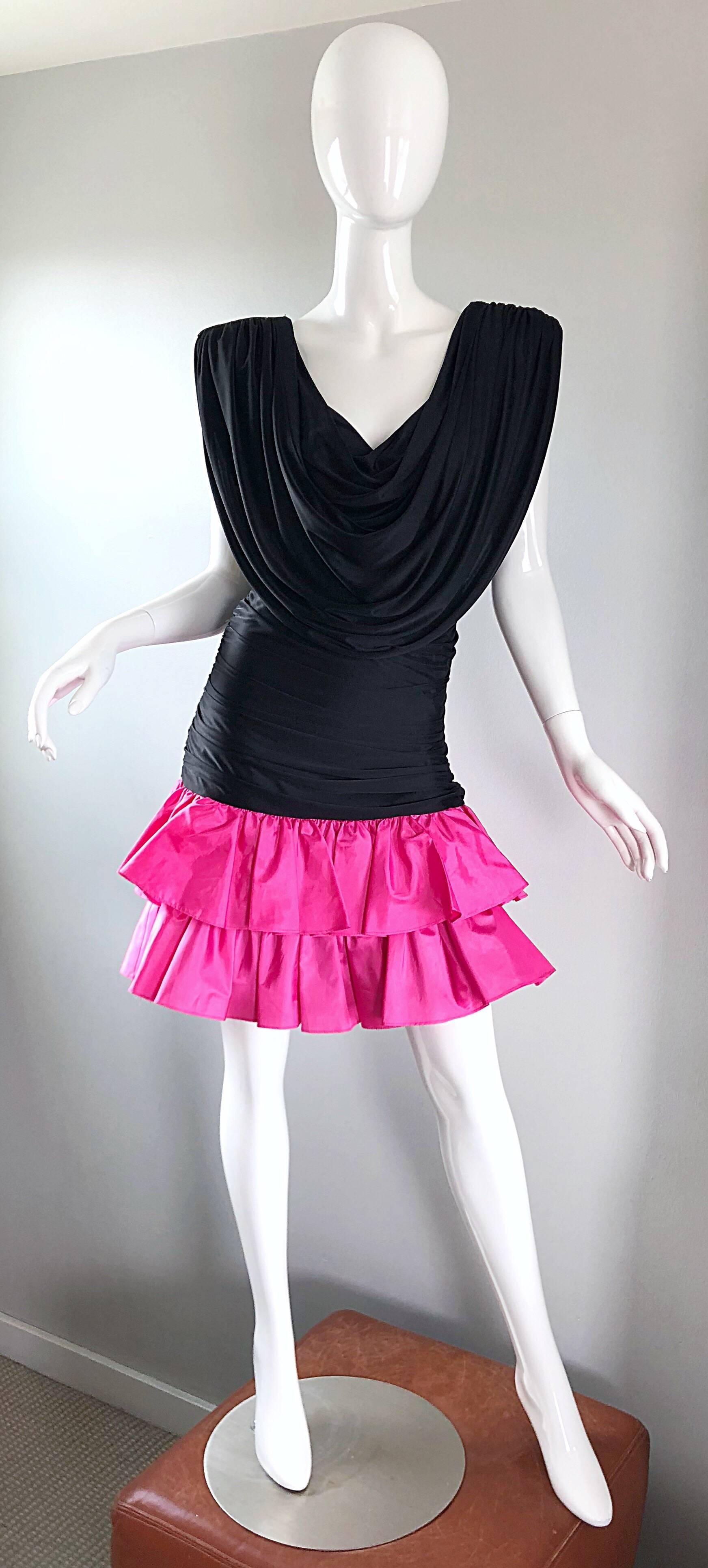 1980s Hot Pink + Black Avant Garde Strong Shoulder Vintage 80s Cocktail Dress 8