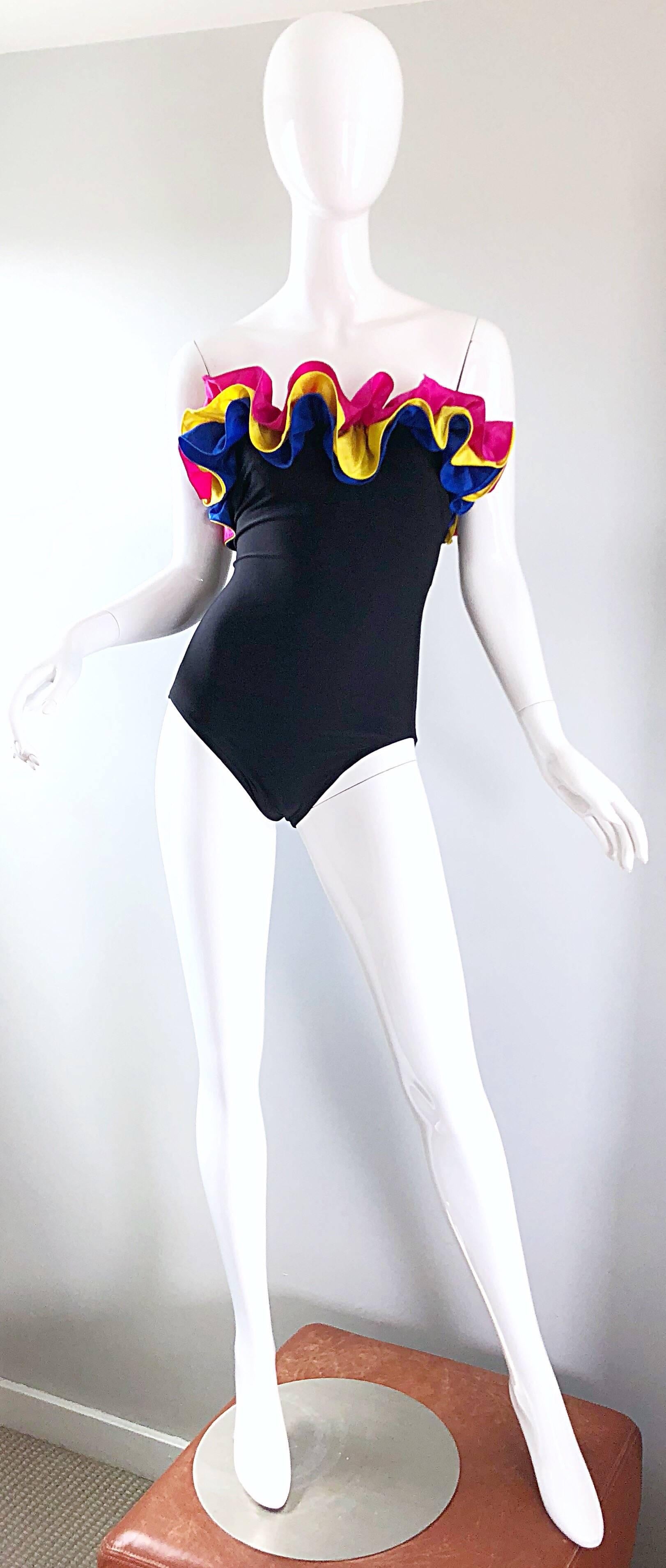 Black NWT Vintage Bill Blass Amazing Flamenco Style One Piece Swimsuit Bodysuit