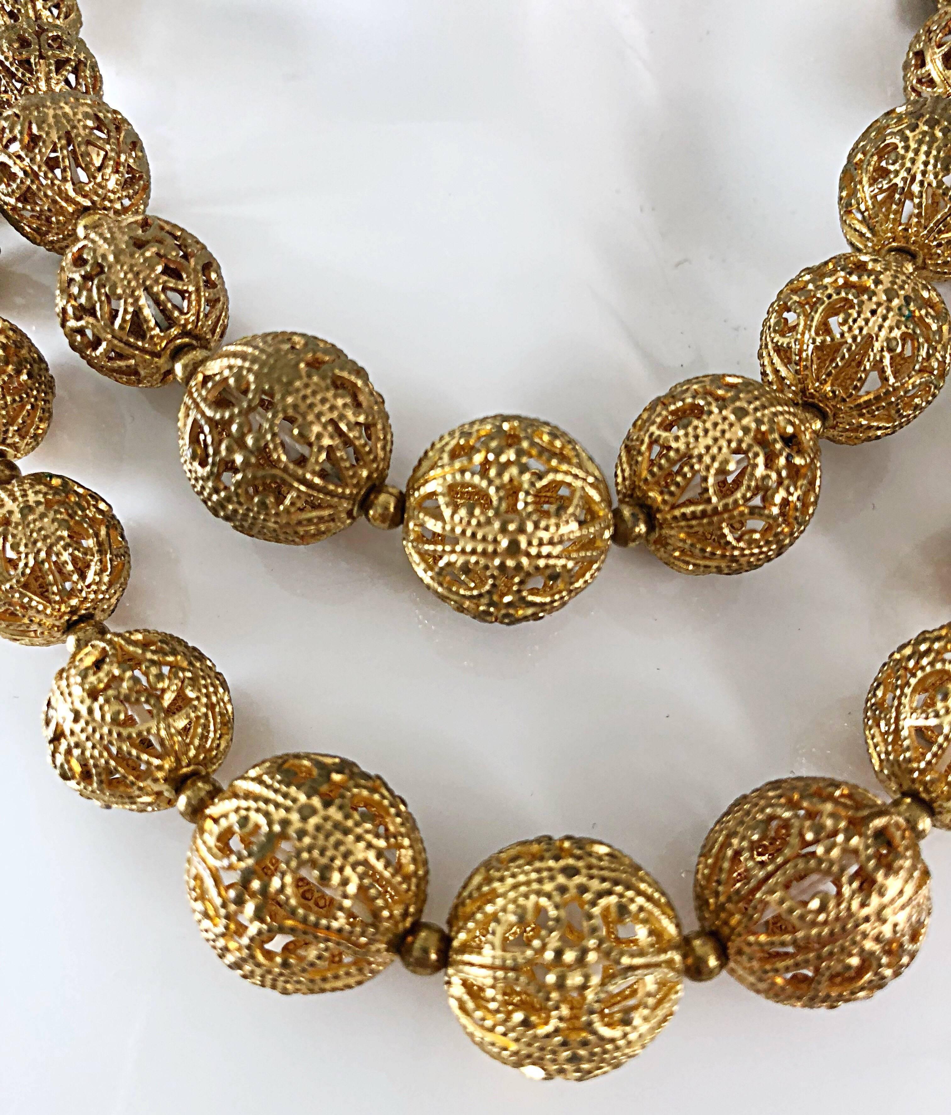 Striking 1950s Gold Filigree Double Strand Vintage 1950s Etched Ball ...