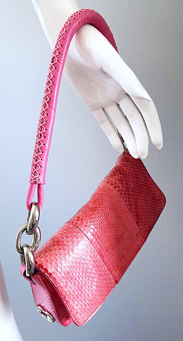 Escada 2000s Pink Python Snake Skin Silver Link Evening Shoulder Bag Purse For Sale 5