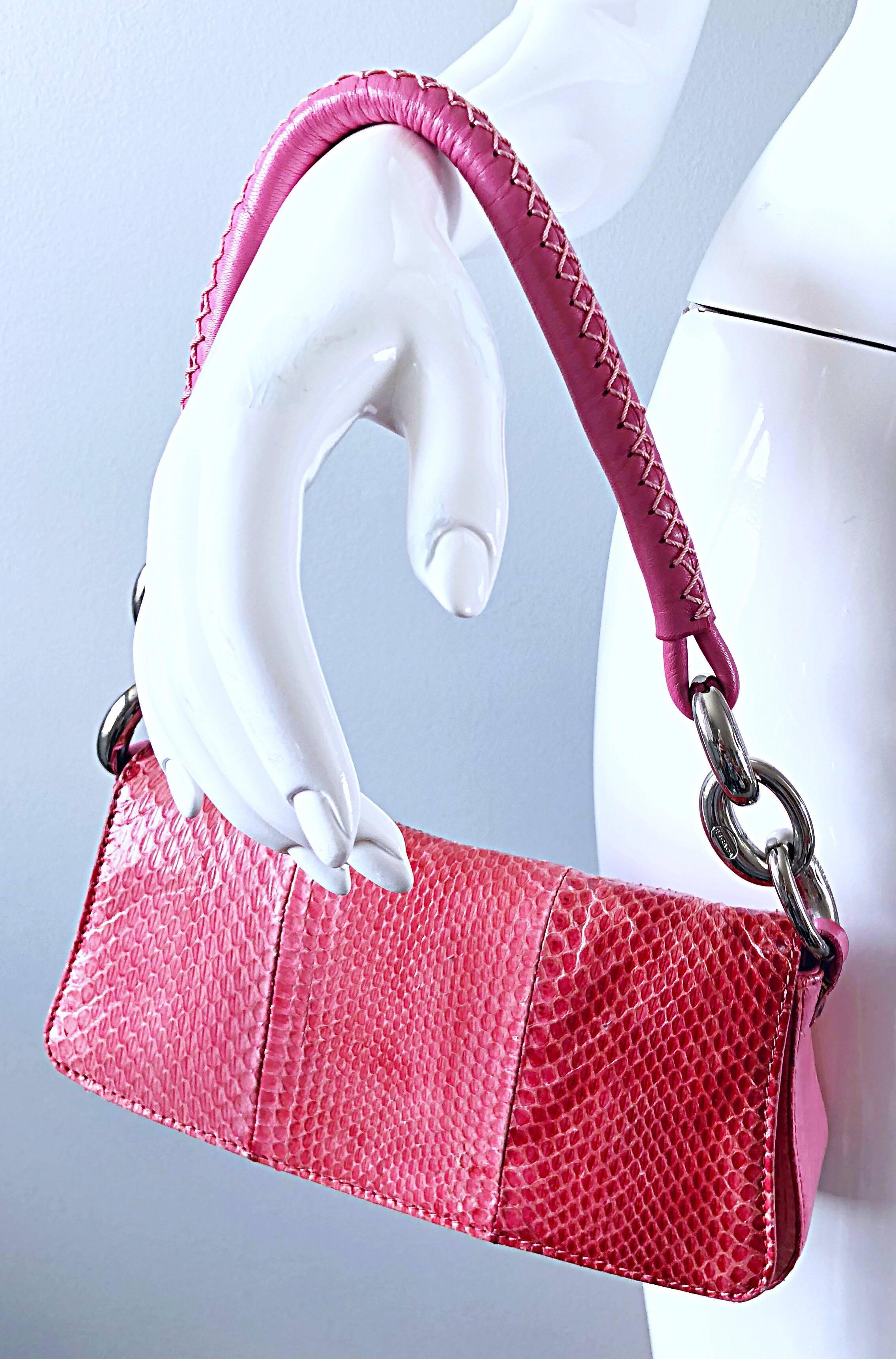 Escada 2000s Pink Python Snake Skin Silver Link Evening Shoulder Bag Purse For Sale 5