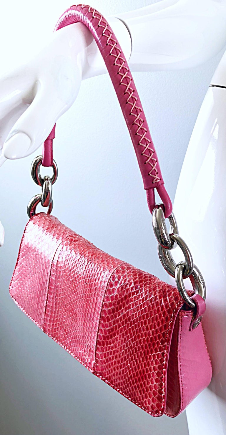 Escada 2000s Pink Python Snake Skin Silver Link Evening Shoulder Bag Purse For Sale 11