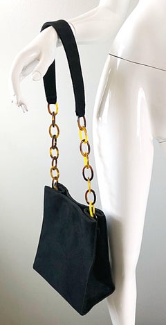 1990s Raquel Sitwell Black Suede Leather Tortoise Shell Vintage 90s Shoulder Bag