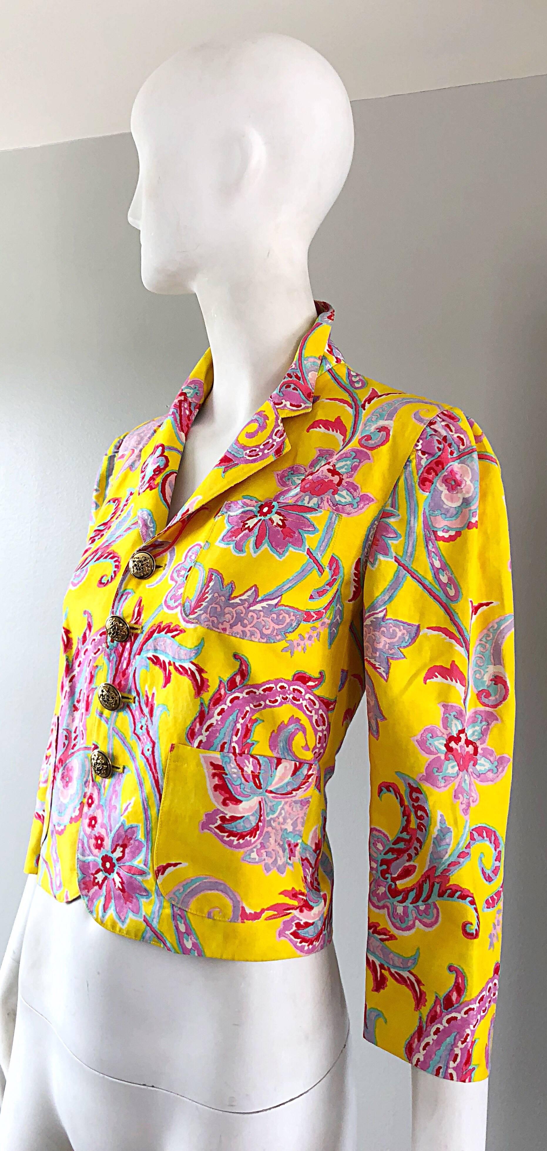 Vintage Ralph Lauren Purple Label Paisley Yellow Cotton Linen Cropped Jacket In Excellent Condition For Sale In San Diego, CA