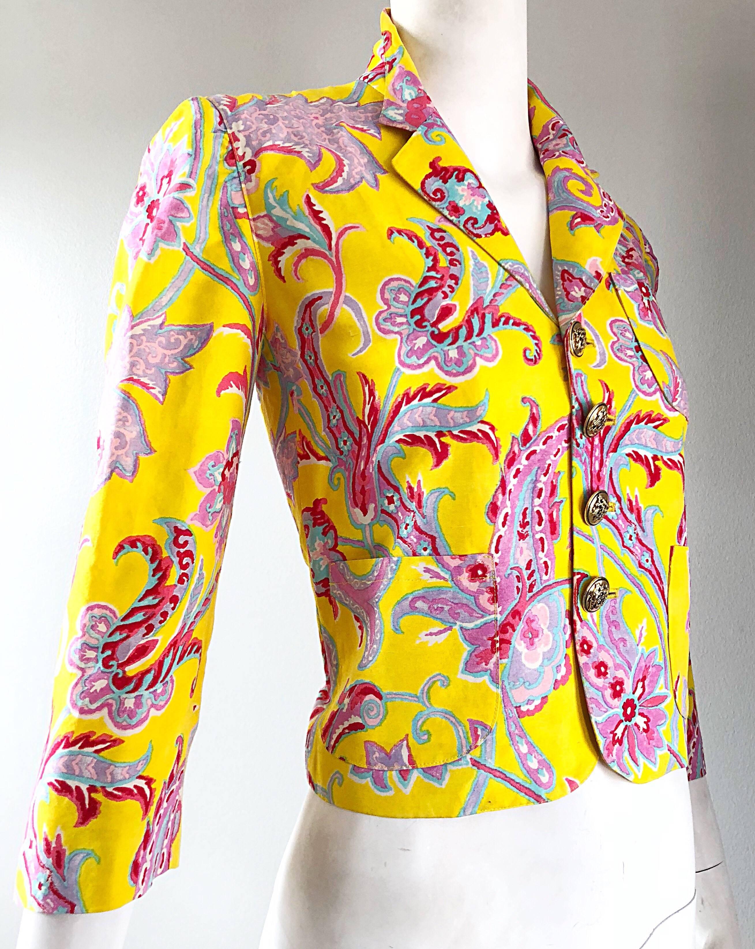 Vintage Ralph Lauren Purple Label Paisley Yellow Cotton Linen Cropped Jacket For Sale 1
