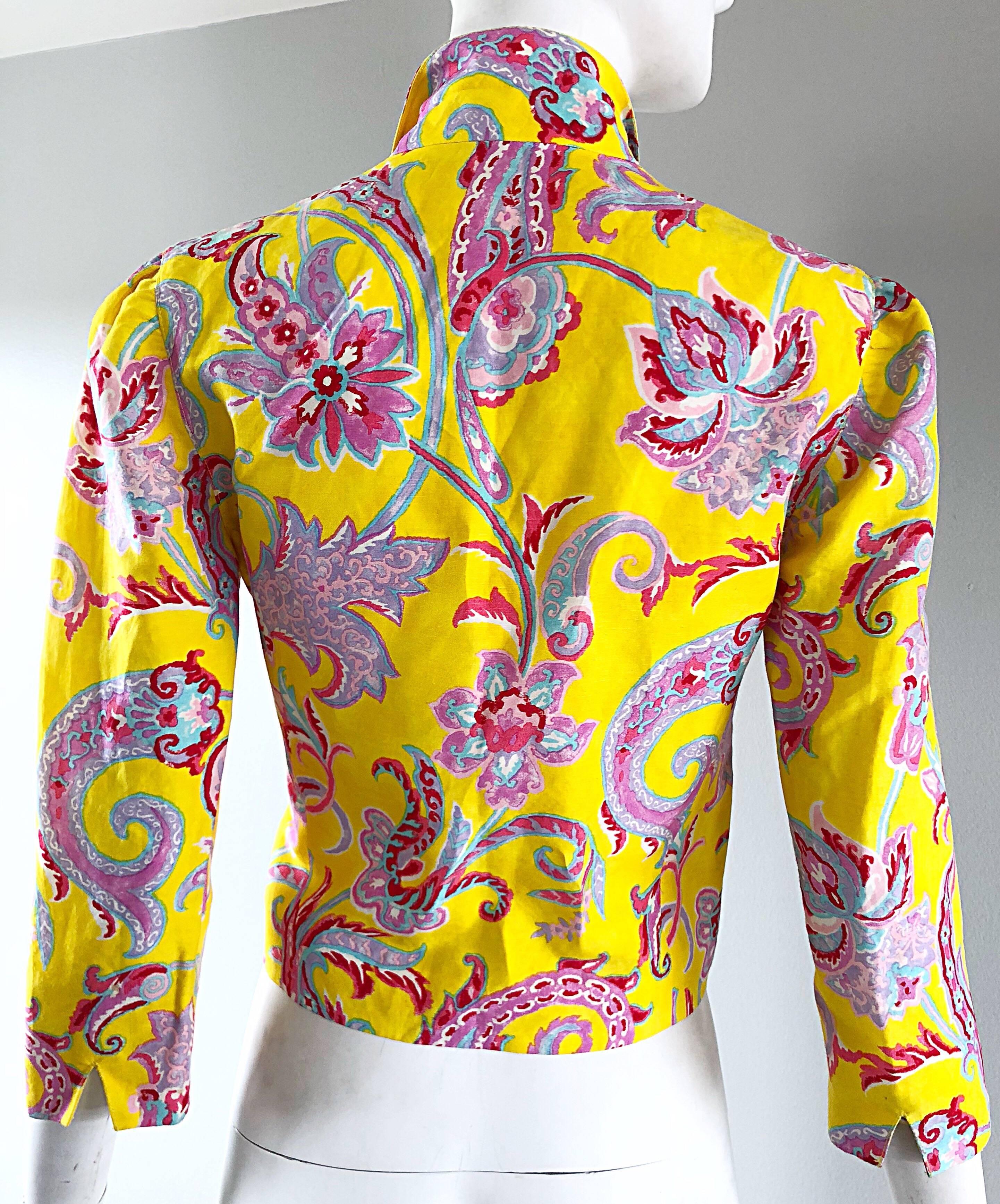 Vintage Ralph Lauren Purple Label Paisley Yellow Cotton Linen Cropped Jacket For Sale 2