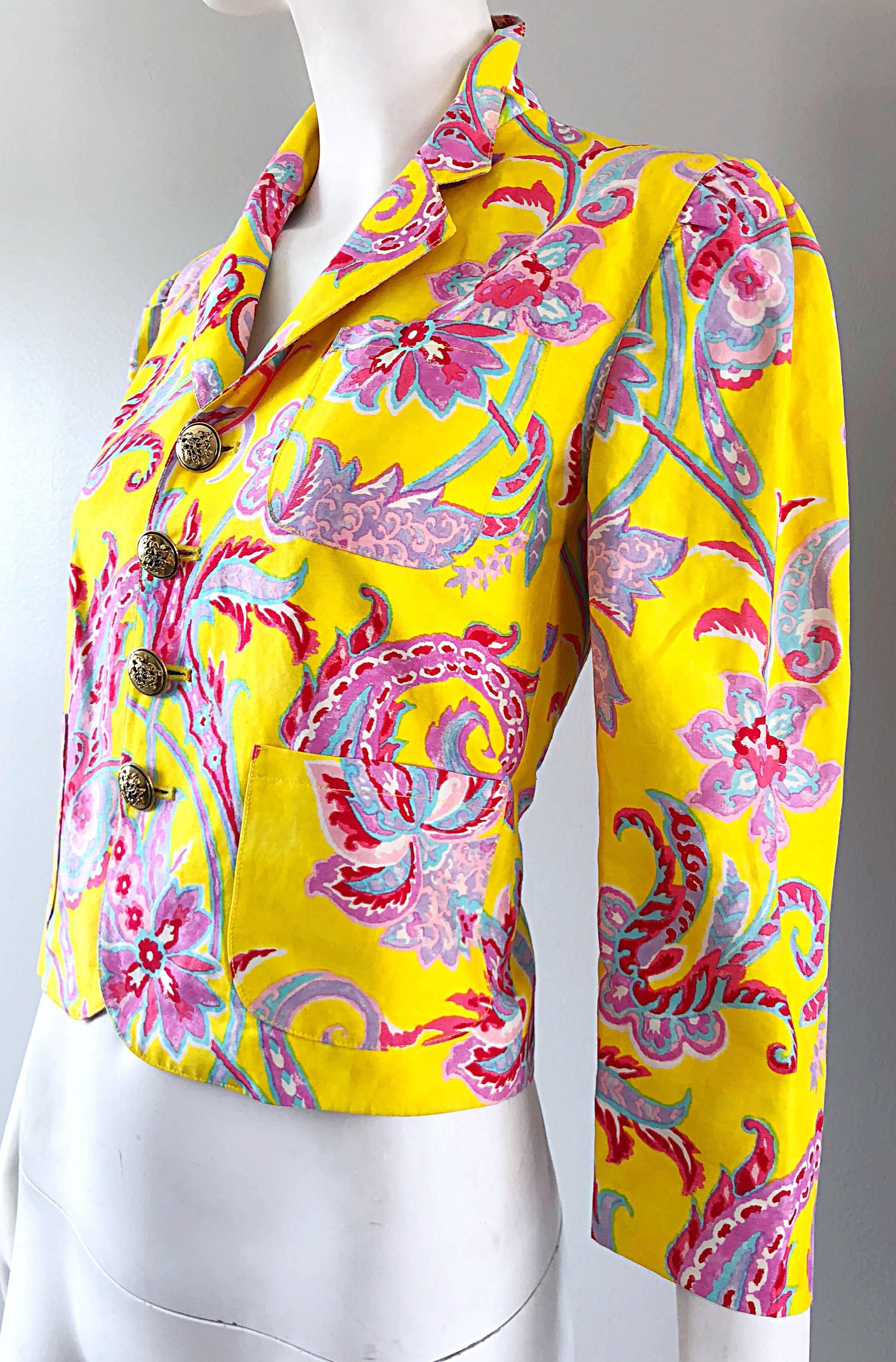 Vintage Ralph Lauren Purple Label Paisley Yellow Cotton Linen Cropped Jacket For Sale 7