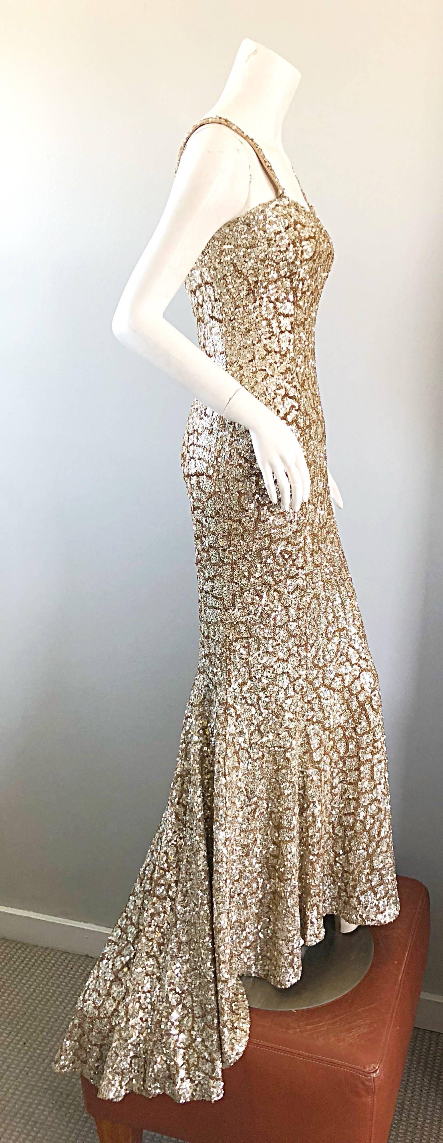 Monique Lhuillier Gorgeous Resort 2012 Gold Rose Gold Full Sequin Trained Gown  In Excellent Condition In San Diego, CA