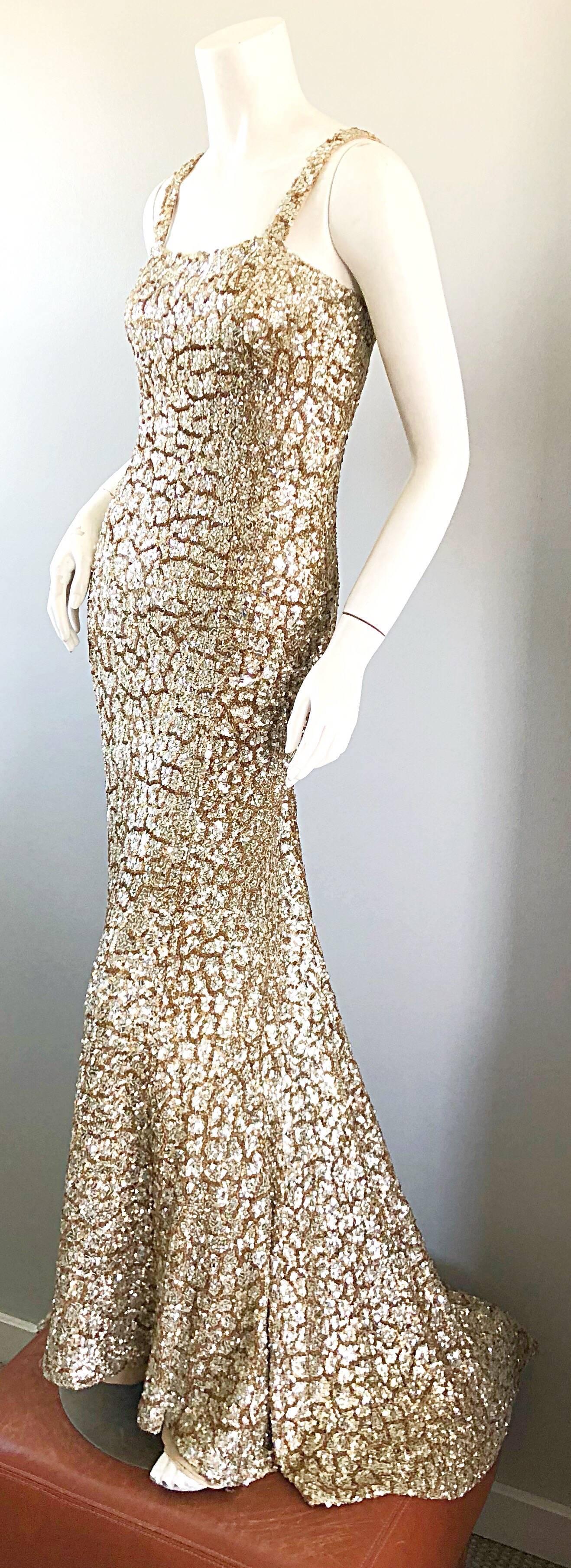 Monique Lhuillier Gorgeous Resort 2012 Gold Rose Gold Full Sequin Trained Gown  1