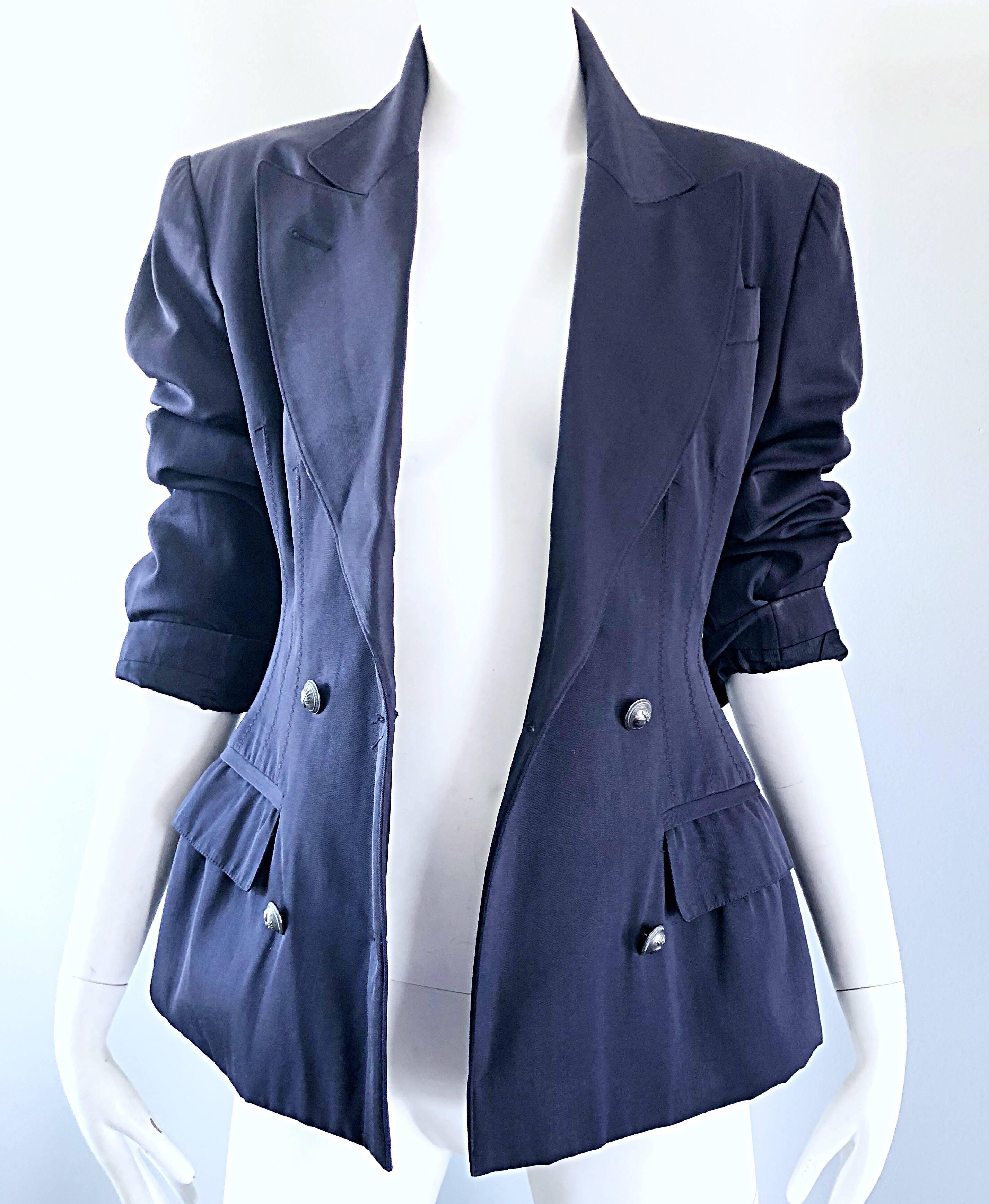 Madonna’s Rare Jean Paul Gaultier 1988 Navy Padded Vintage Blazer 80s Jacket In Excellent Condition For Sale In San Diego, CA