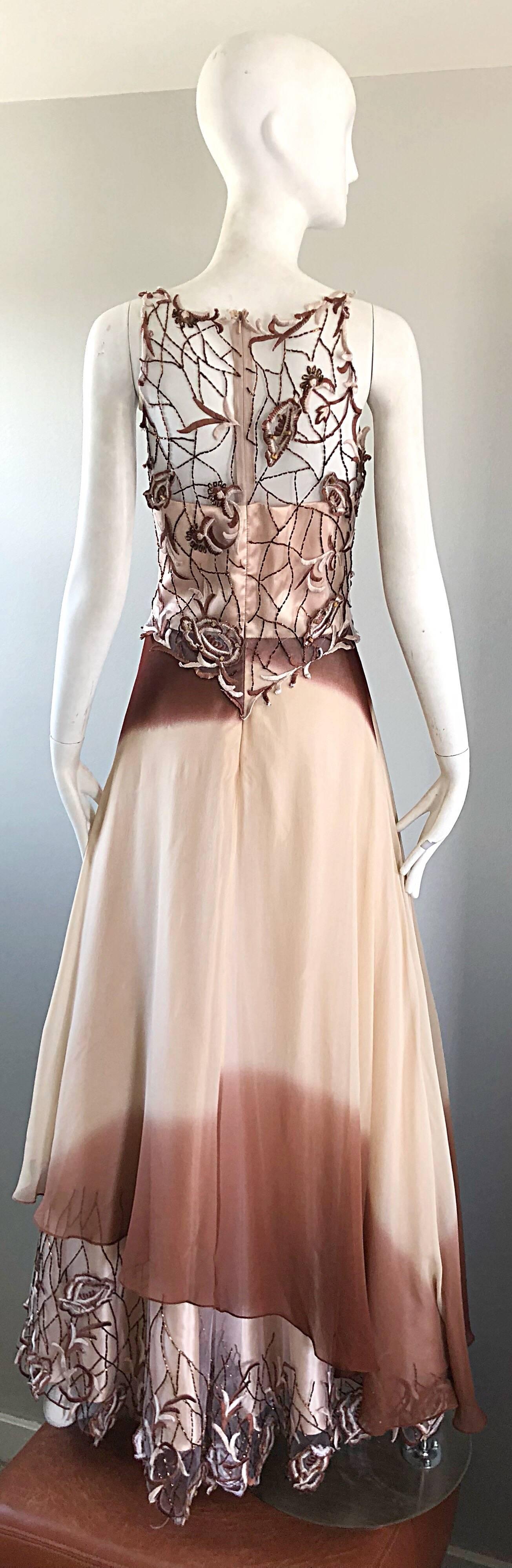 Beige Max Nugus Haute Couture 1990s Size 6 8 Pink Brown Ombre Chiffon Vintage 90s Gown For Sale