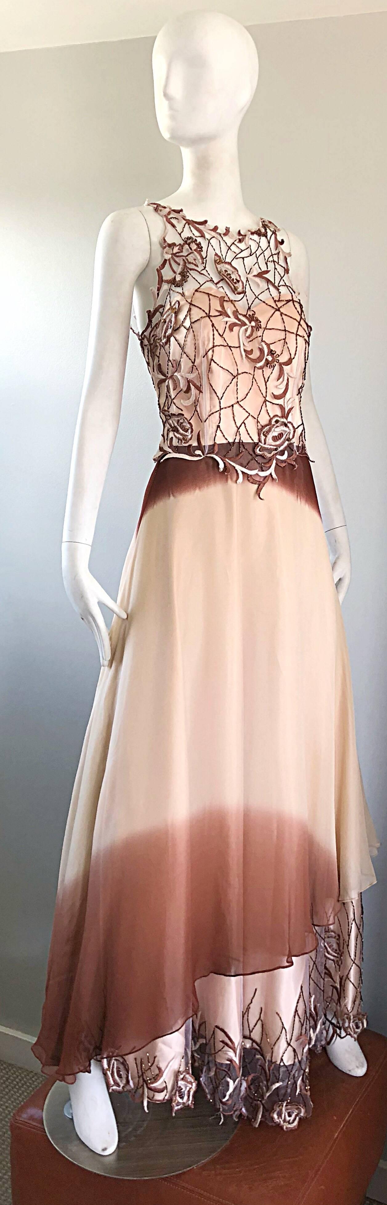 Max Nugus Haute Couture 1990s Size 6 8 Pink Brown Ombre Chiffon Vintage 90s Gown In Excellent Condition For Sale In San Diego, CA