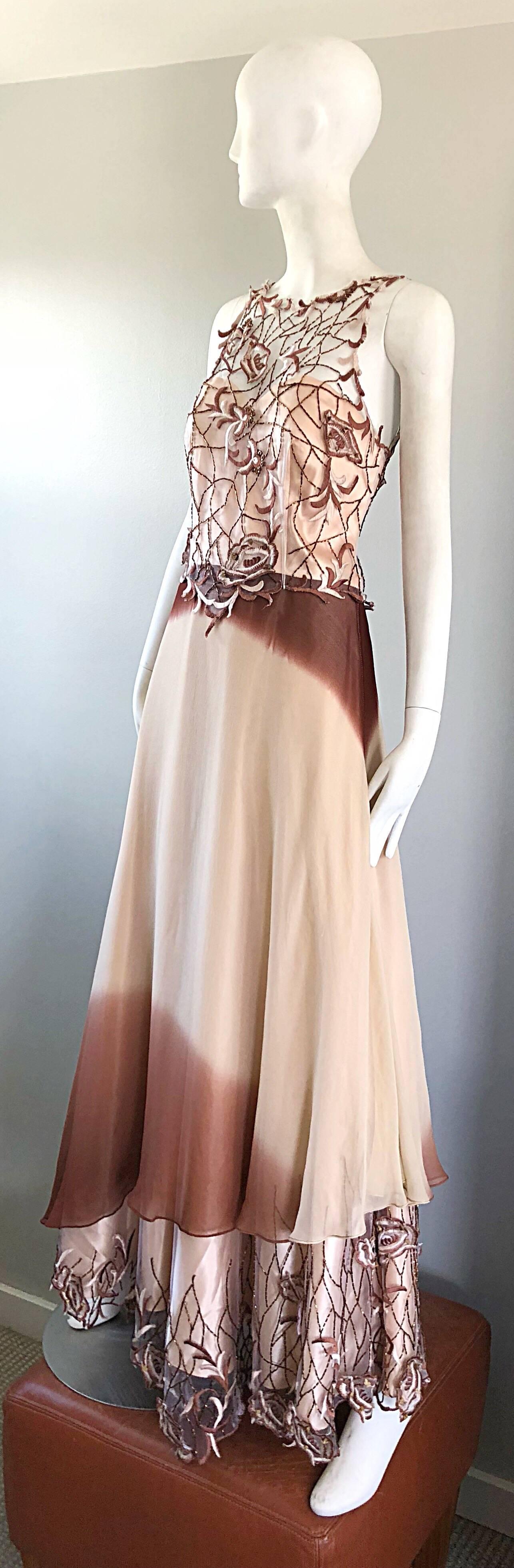 Women's Max Nugus Haute Couture 1990s Size 6 8 Pink Brown Ombre Chiffon Vintage 90s Gown For Sale