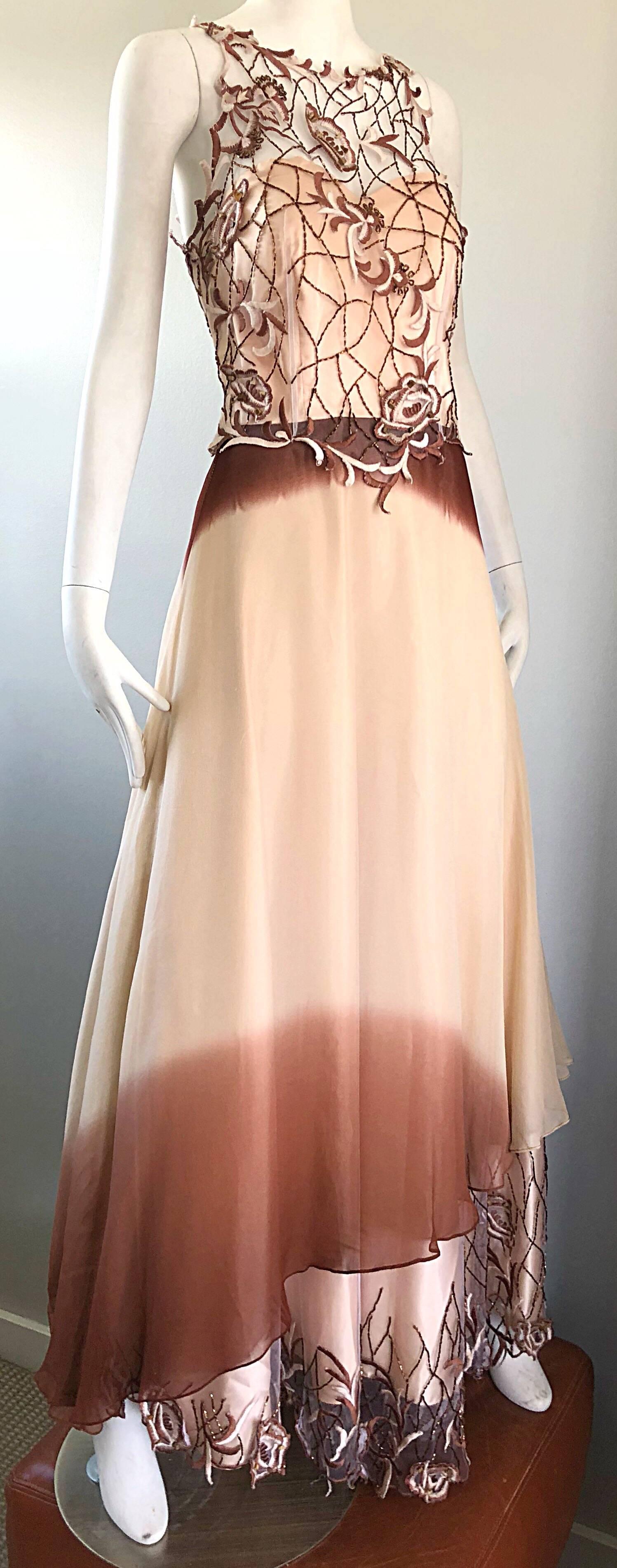 Max Nugus Haute Couture 1990s Size 6 8 Pink Brown Ombre Chiffon Vintage 90s Gown For Sale 5