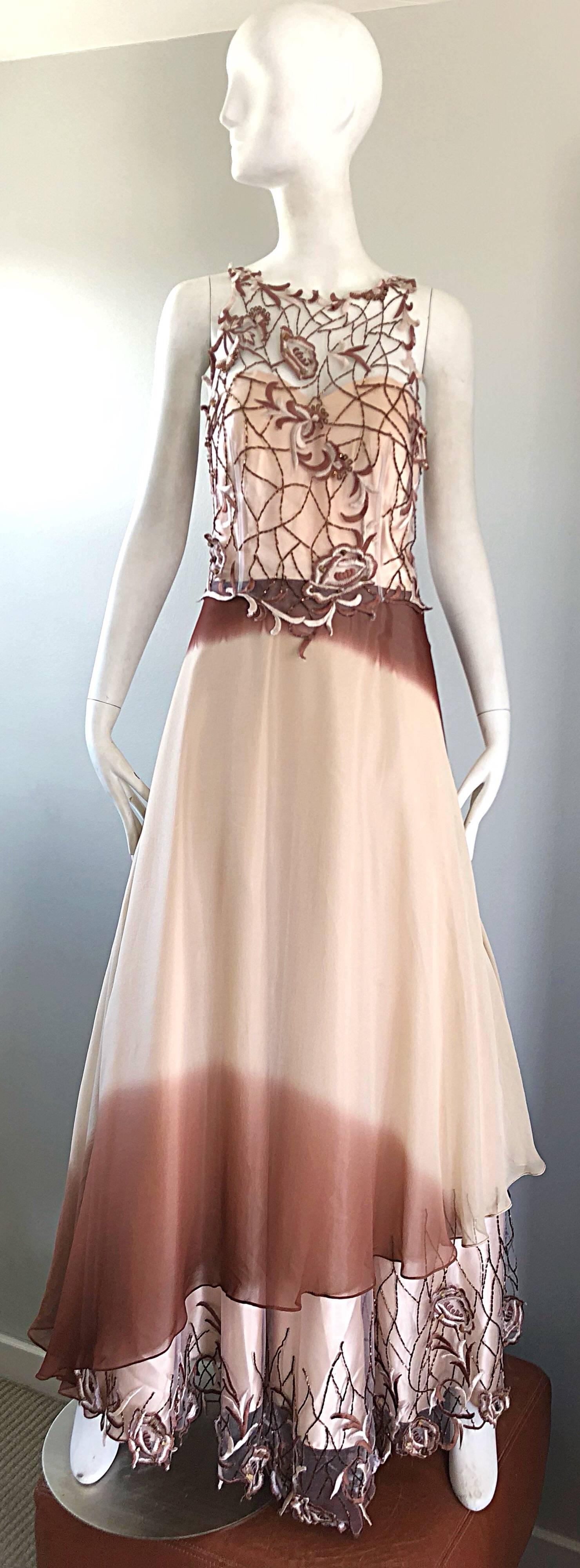 Max Nugus Haute Couture 1990s Size 6 8 Pink Brown Ombre Chiffon Vintage 90s Gown For Sale 9