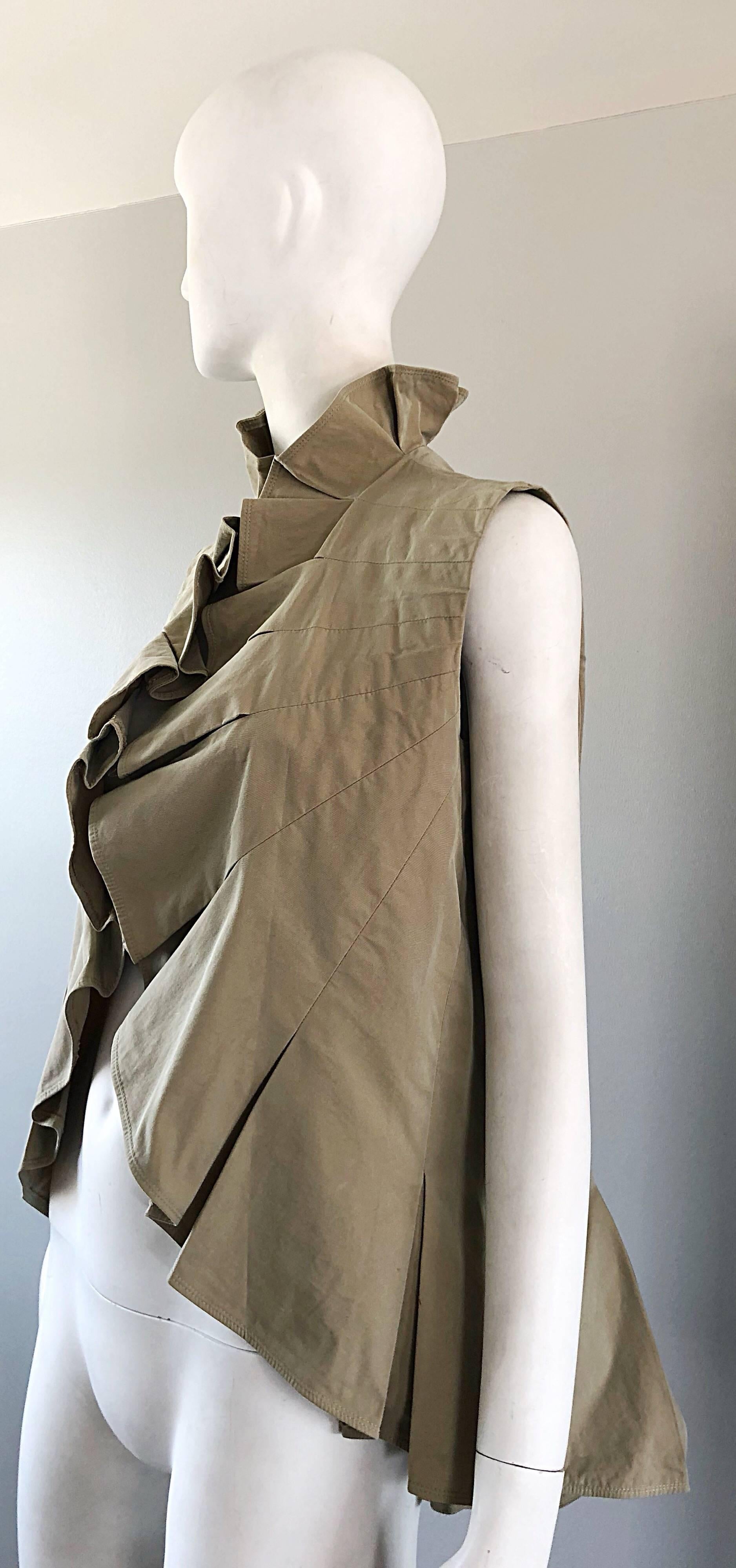 Brown Yves Saint Laurent Size 40 / US 8 Khaki Tan YSL Cotton Safari Ruffle Vest Top For Sale