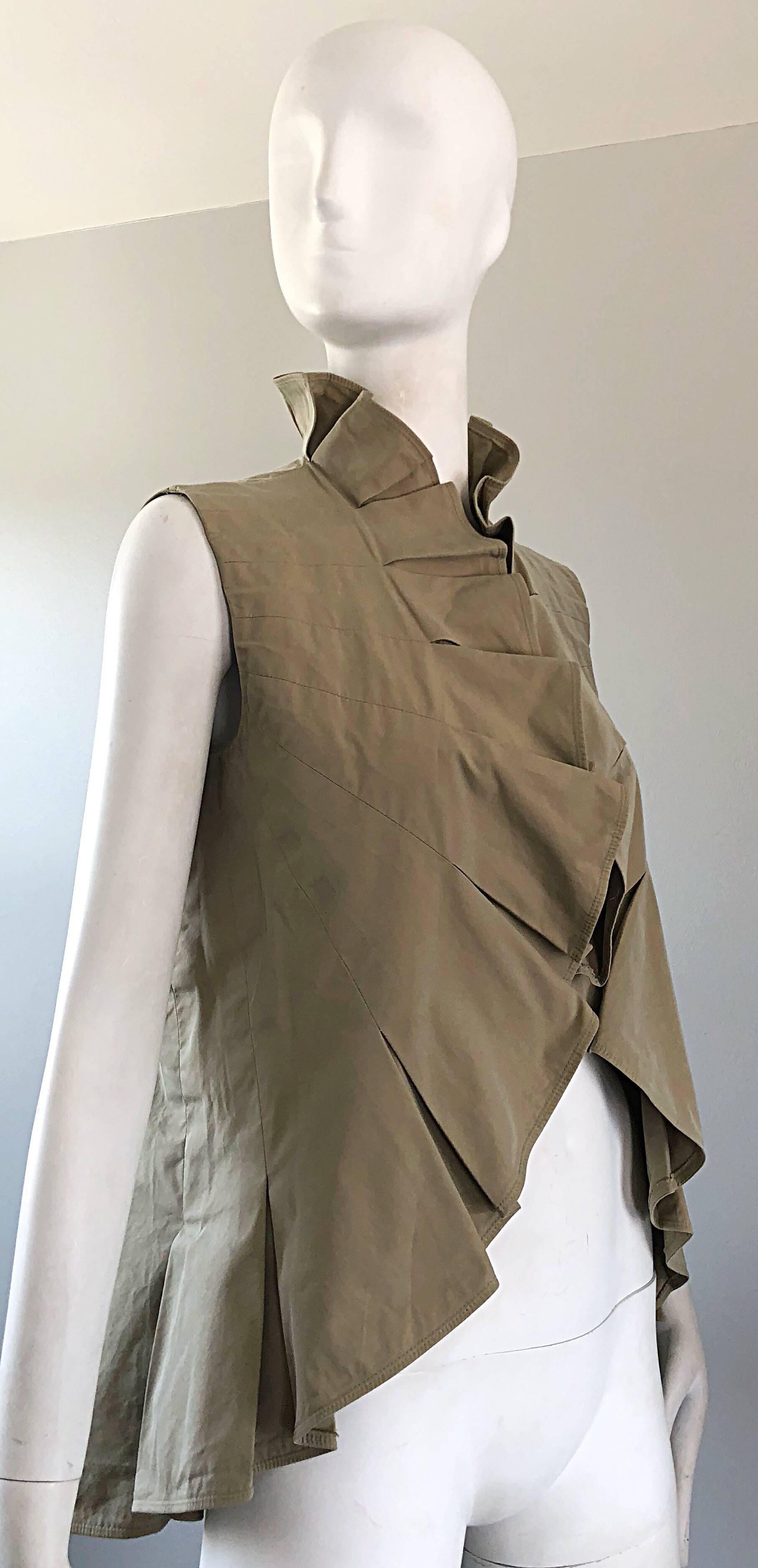 Yves Saint Laurent Size 40 / US 8 Khaki Tan YSL Cotton Safari Ruffle Vest Top In Excellent Condition For Sale In San Diego, CA