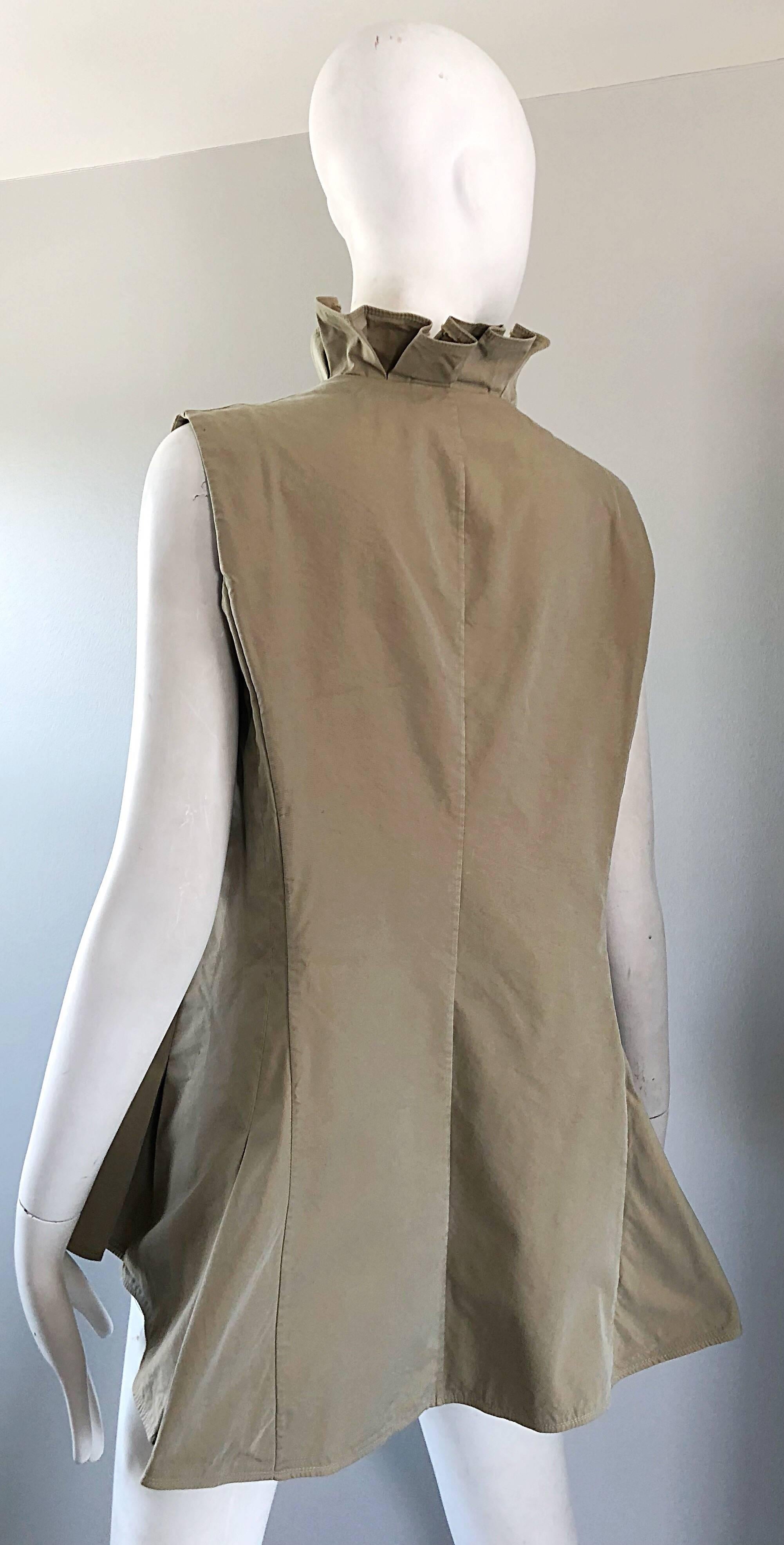 Women's Yves Saint Laurent Size 40 / US 8 Khaki Tan YSL Cotton Safari Ruffle Vest Top For Sale