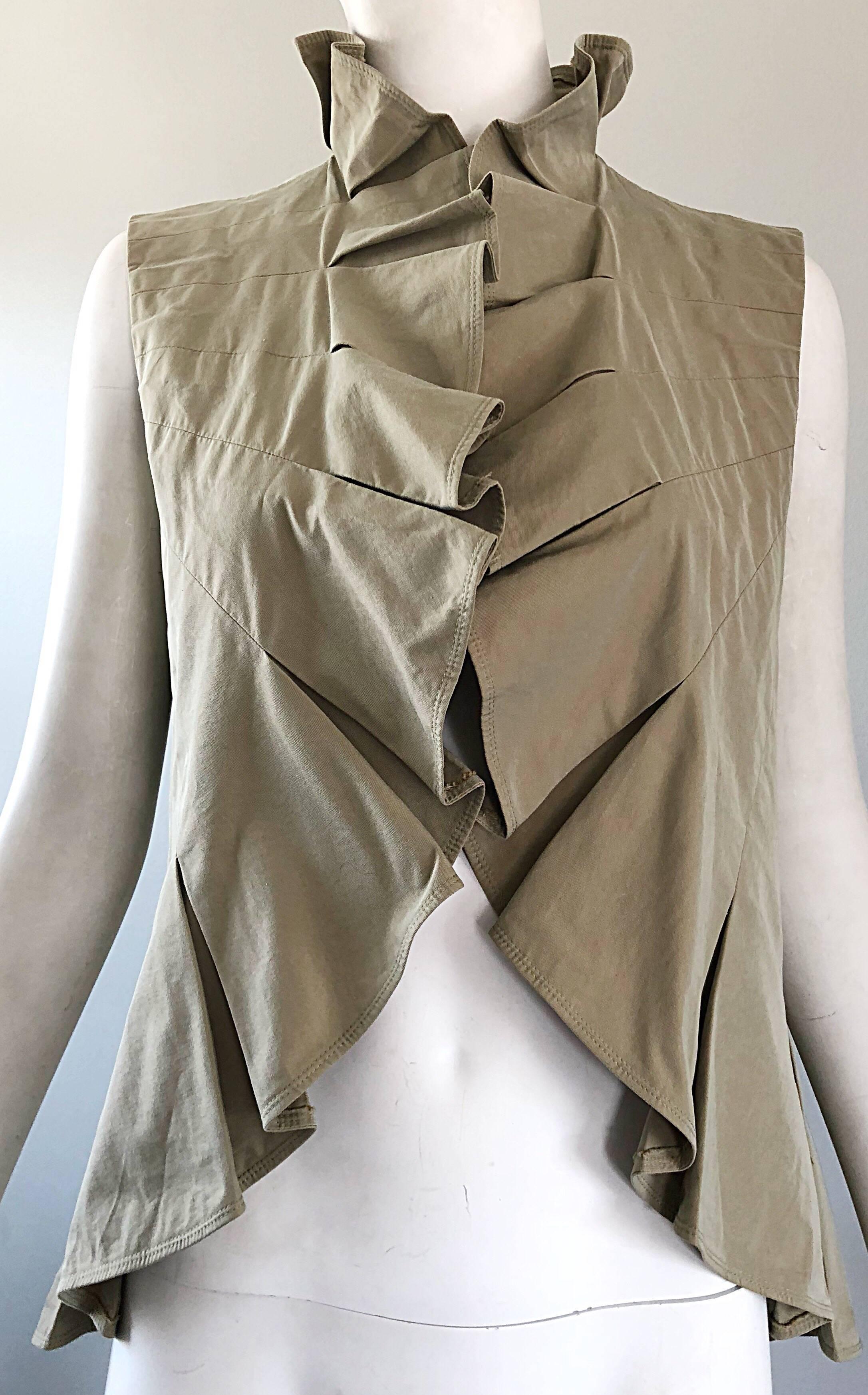 Yves Saint Laurent Size 40 / US 8 Khaki Tan YSL Cotton Safari Ruffle Vest Top For Sale 1