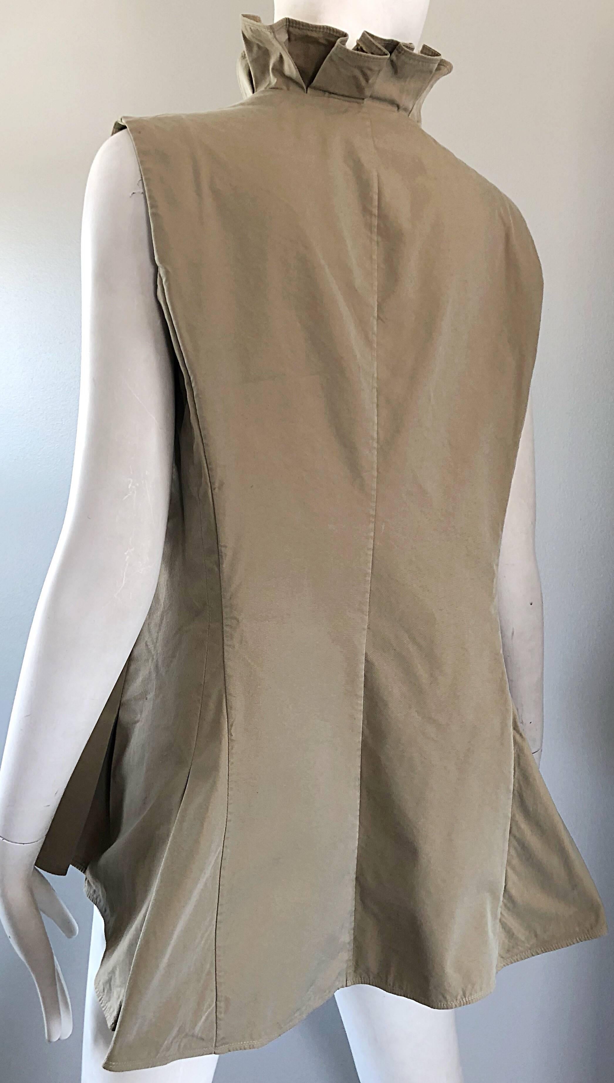 Yves Saint Laurent Size 40 / US 8 Khaki Tan YSL Cotton Safari Ruffle Vest Top For Sale 2