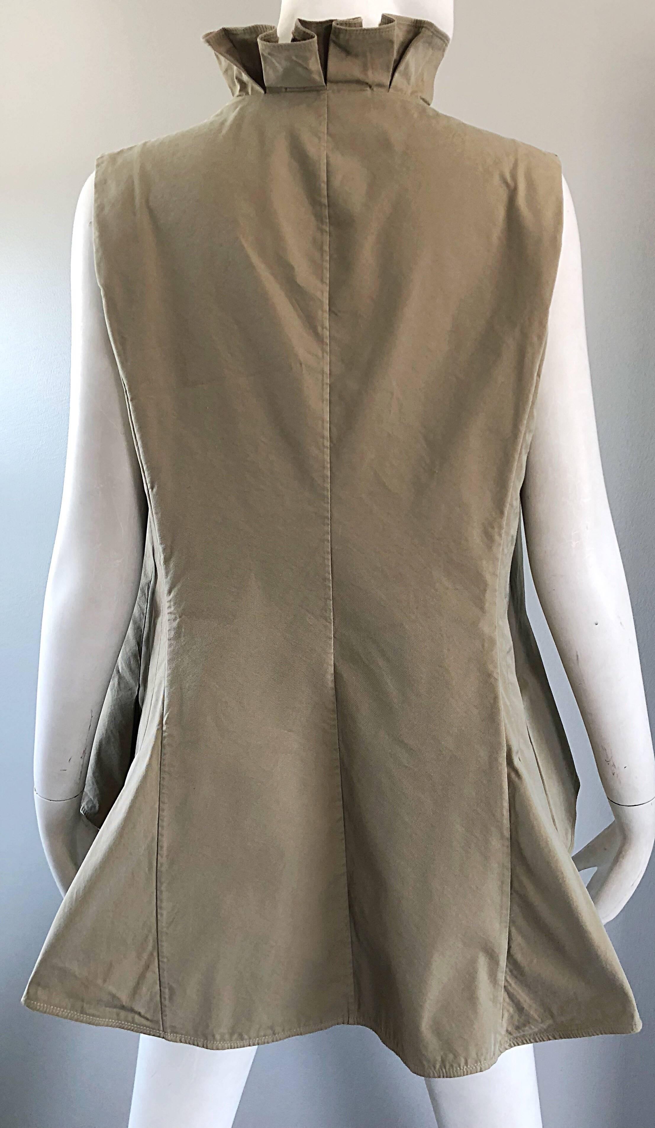 Yves Saint Laurent Size 40 / US 8 Khaki Tan YSL Cotton Safari Ruffle Vest Top For Sale 3