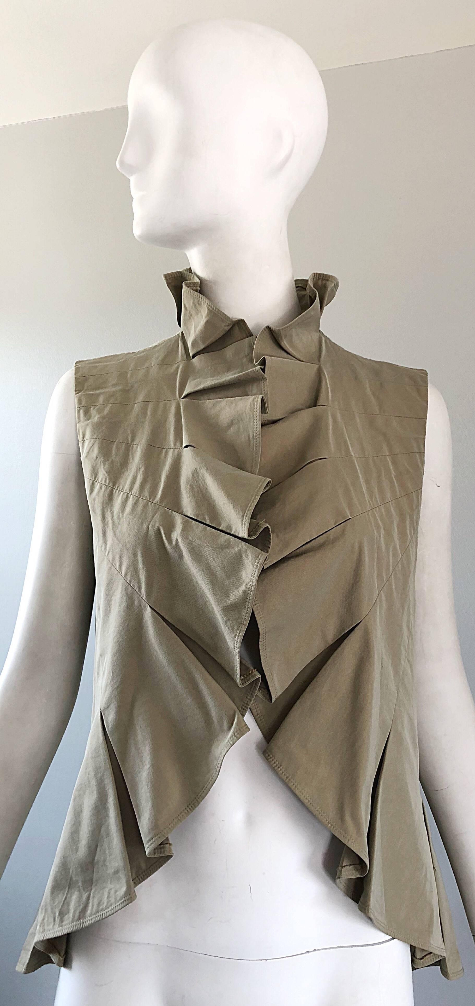 Yves Saint Laurent Size 40 / US 8 Khaki Tan YSL Cotton Safari Ruffle Vest Top For Sale 4