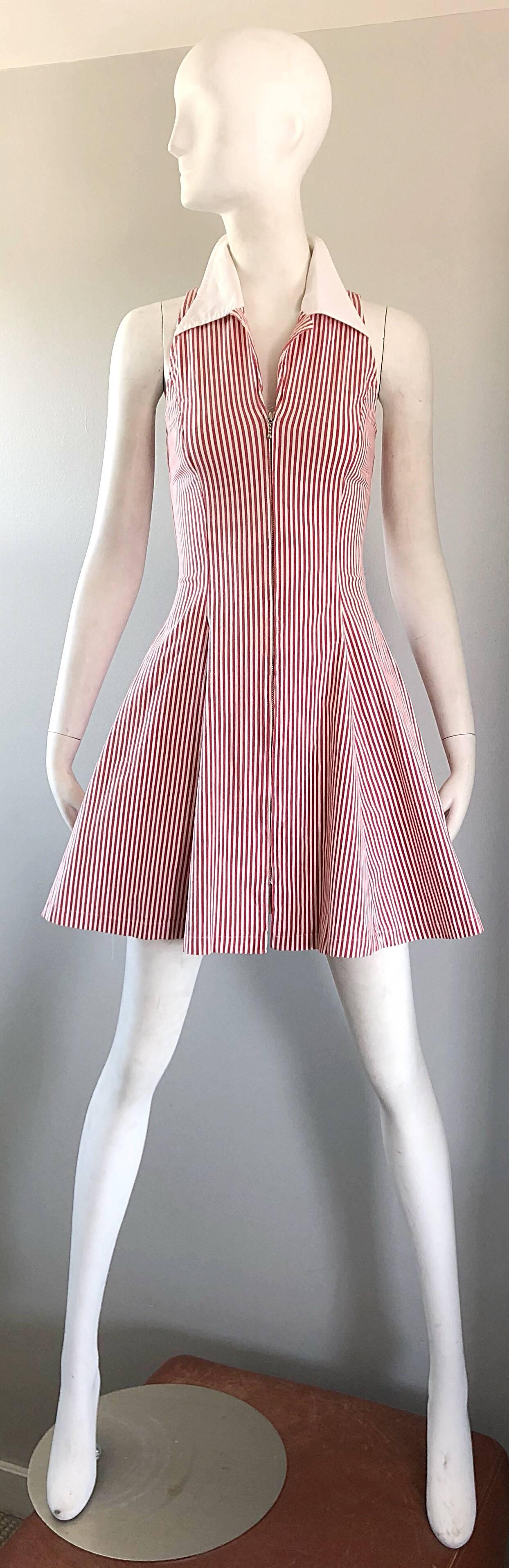 Chic late 80s  / 90s  does 1950s / 50s ANGELO TARLAZZI red and white seersucker fit n' flare nautical dress! Features vertical stripes throughout. Sleek white collared tailored bodice with a forgiving flared skirt. Full metal zipper up the front
