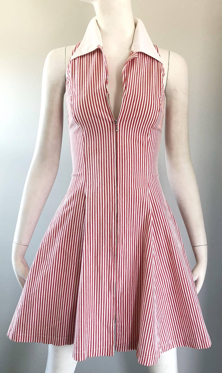 Beige 1980s Angelo Tarlazzi Vintage Red and White Seersucker Nautical Striped Dress  For Sale