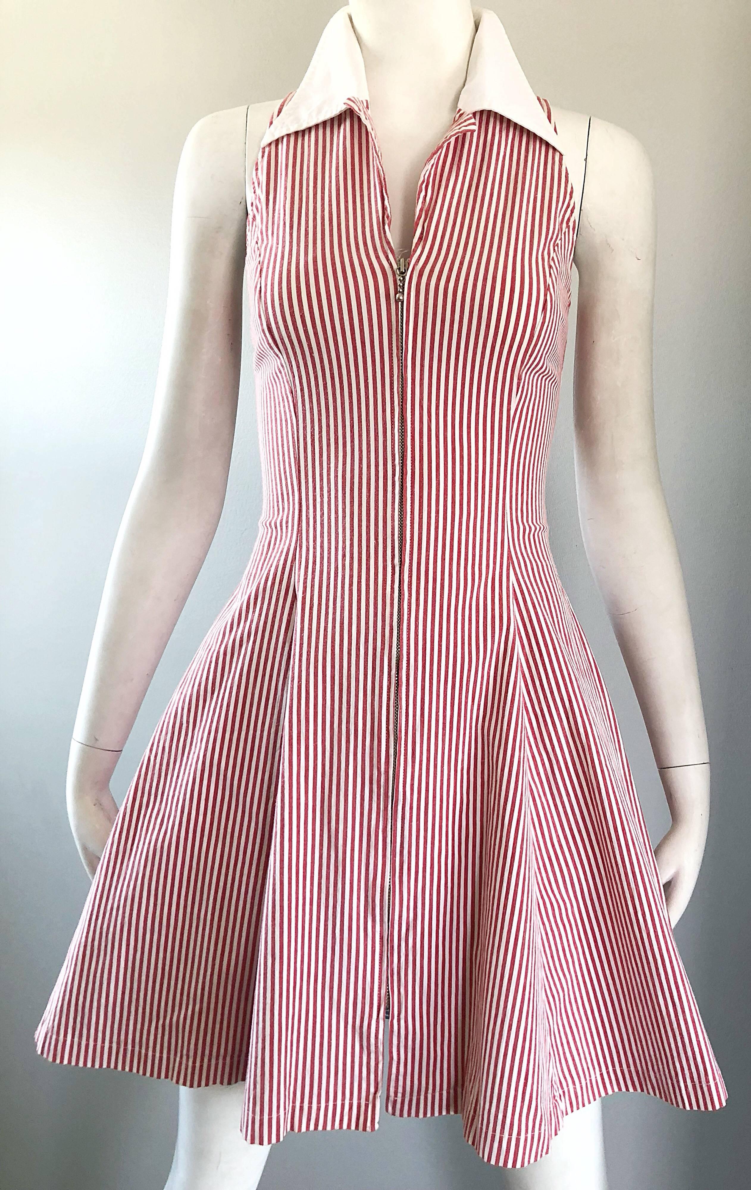 red and white vertical striped dress