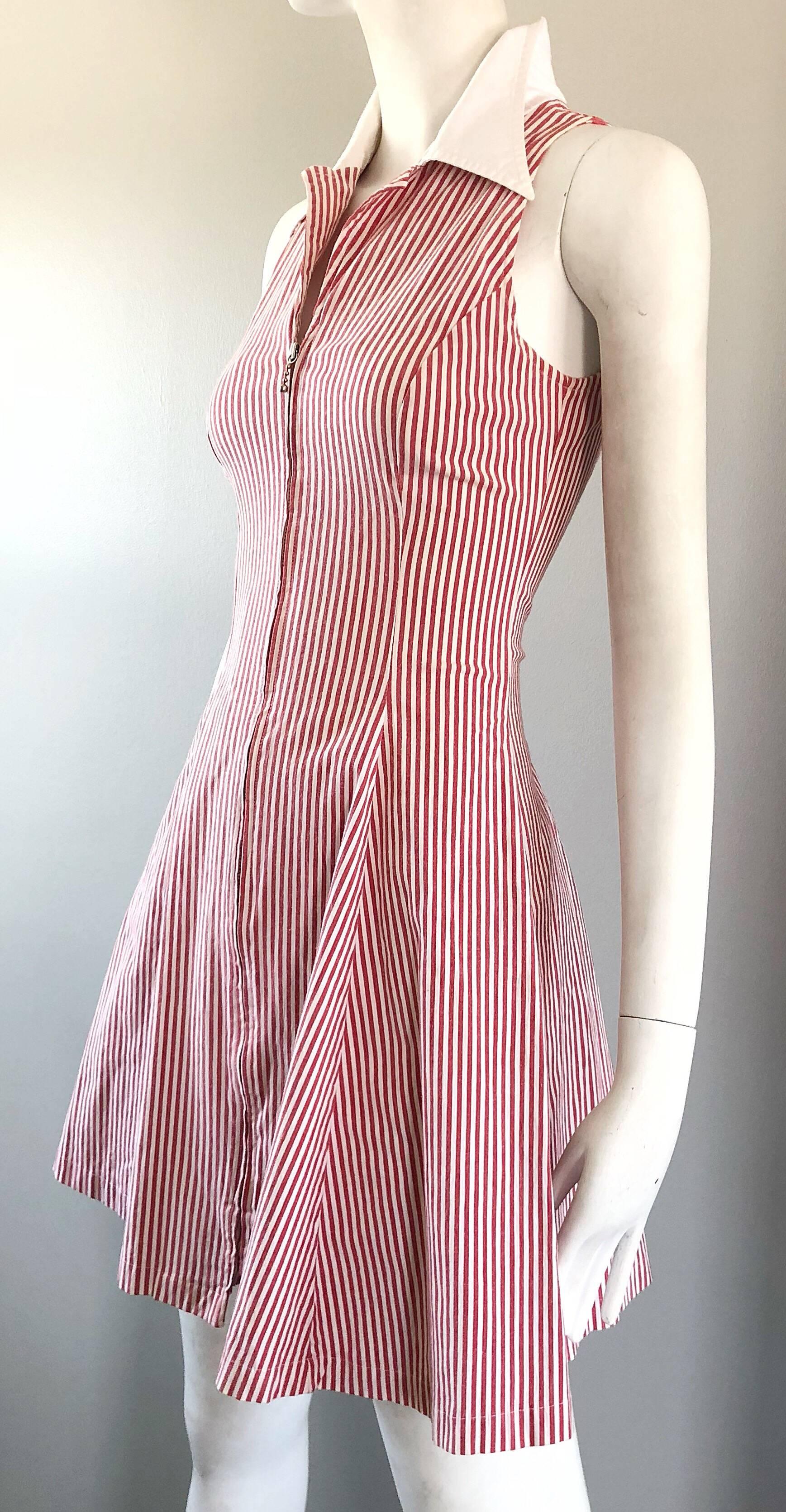 Beige 1980s Angelo Tarlazzi Vintage Red and White Seersucker Nautical Striped Dress  For Sale