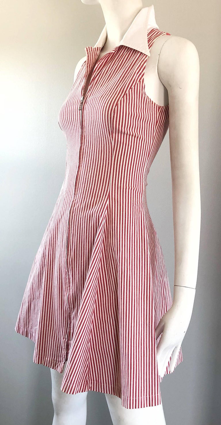 1980s Angelo Tarlazzi Vintage Red and White Seersucker Nautical Striped Dress  For Sale 1