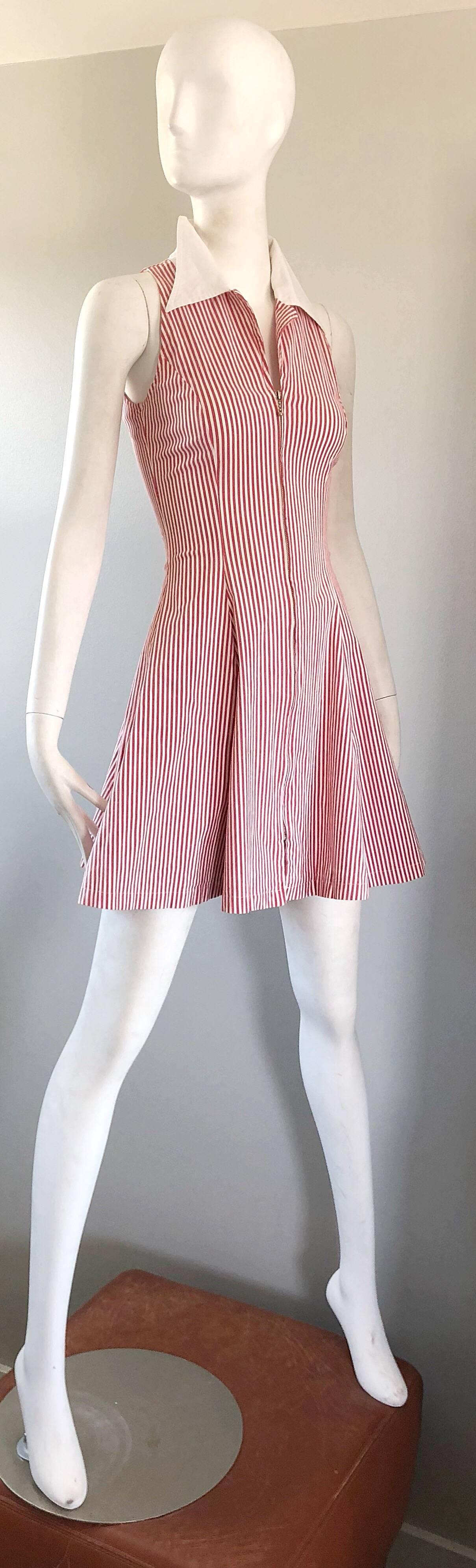 1980s Angelo Tarlazzi Vintage Red and White Seersucker Nautical Striped Dress In Excellent Condition In San Diego, CA