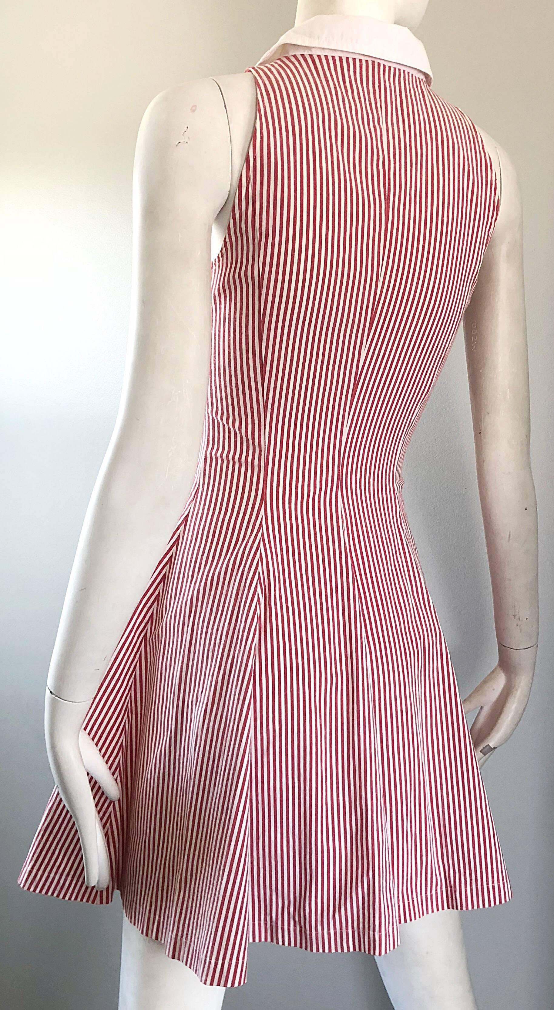 Women's 1980s Angelo Tarlazzi Vintage Red and White Seersucker Nautical Striped Dress