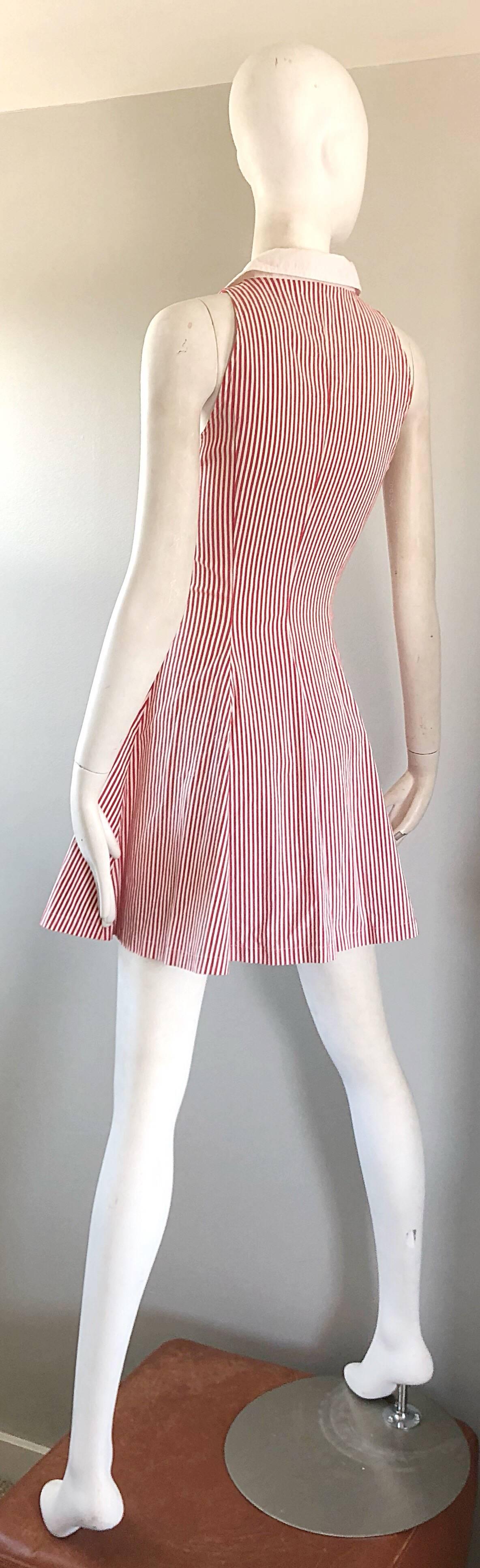 1980s Angelo Tarlazzi Vintage Red and White Seersucker Nautical Striped Dress  For Sale 1