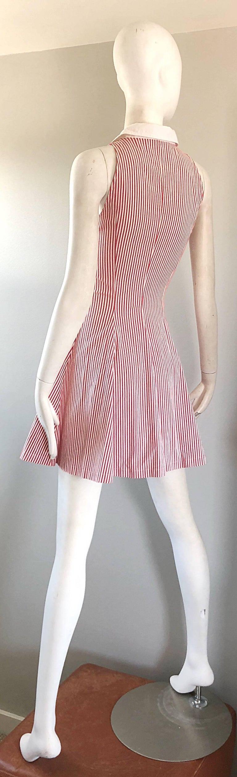 1980s Angelo Tarlazzi Vintage Red and White Seersucker Nautical Striped Dress  For Sale 4