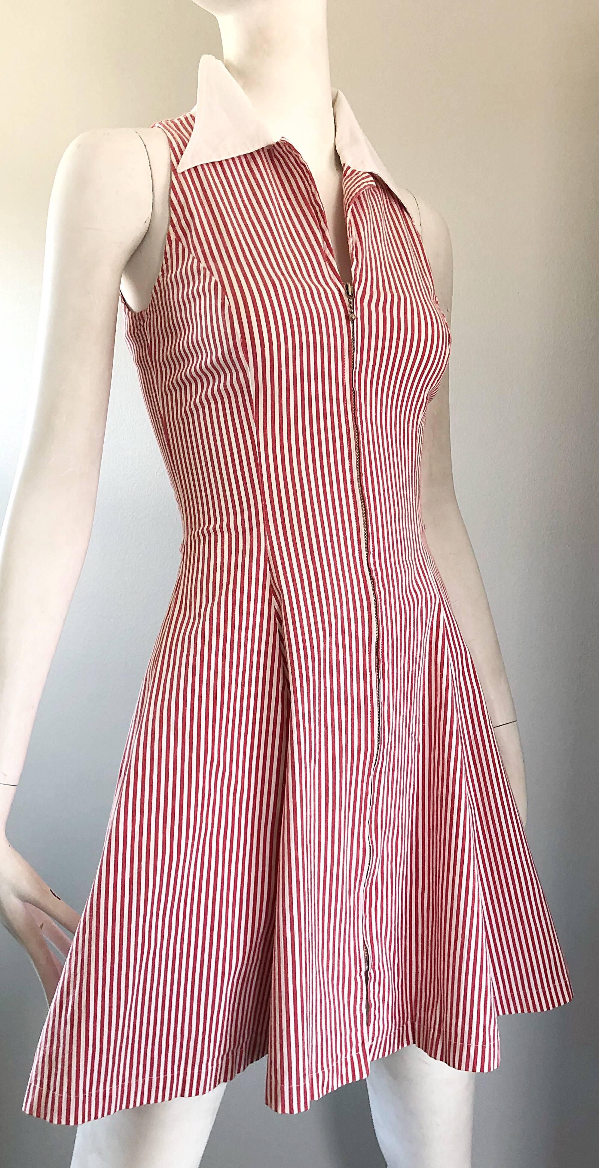 1980s Angelo Tarlazzi Vintage Red and White Seersucker Nautical Striped Dress  For Sale 2