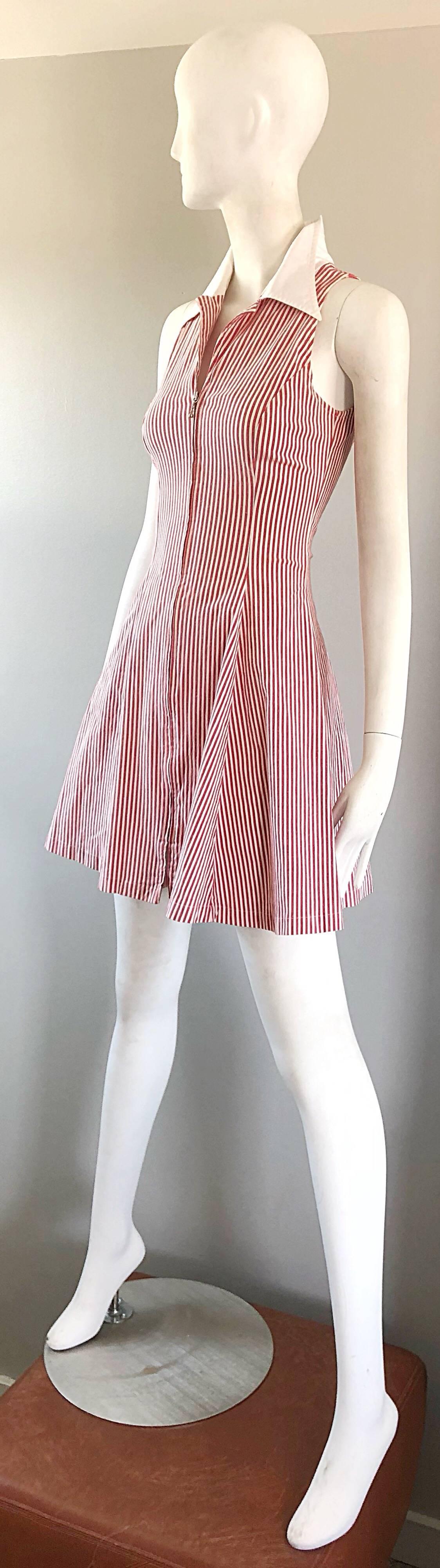 1980s Angelo Tarlazzi Vintage Red and White Seersucker Nautical Striped Dress  For Sale 3