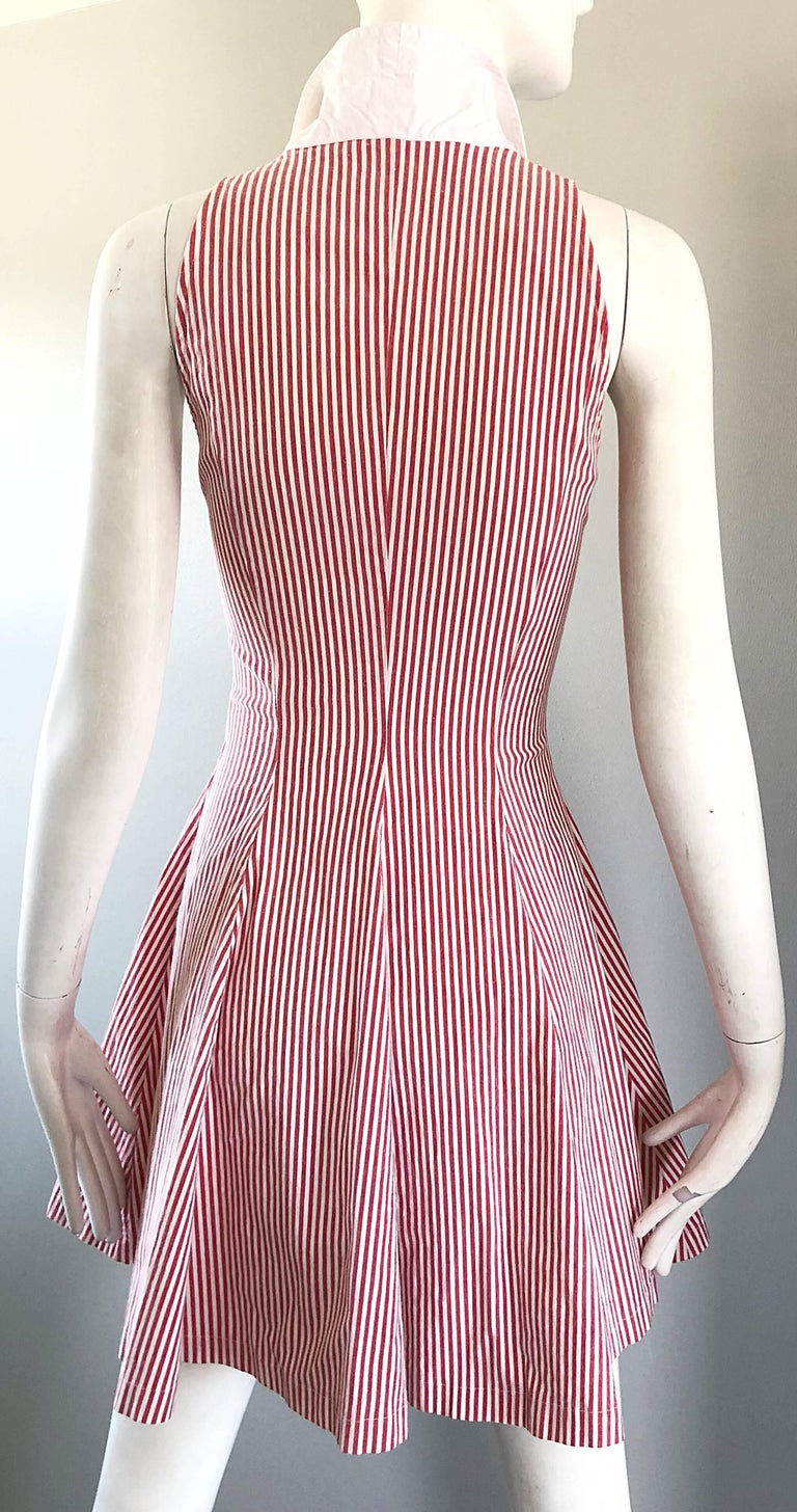 1980s Angelo Tarlazzi Vintage Red and White Seersucker Nautical Striped Dress  For Sale 7