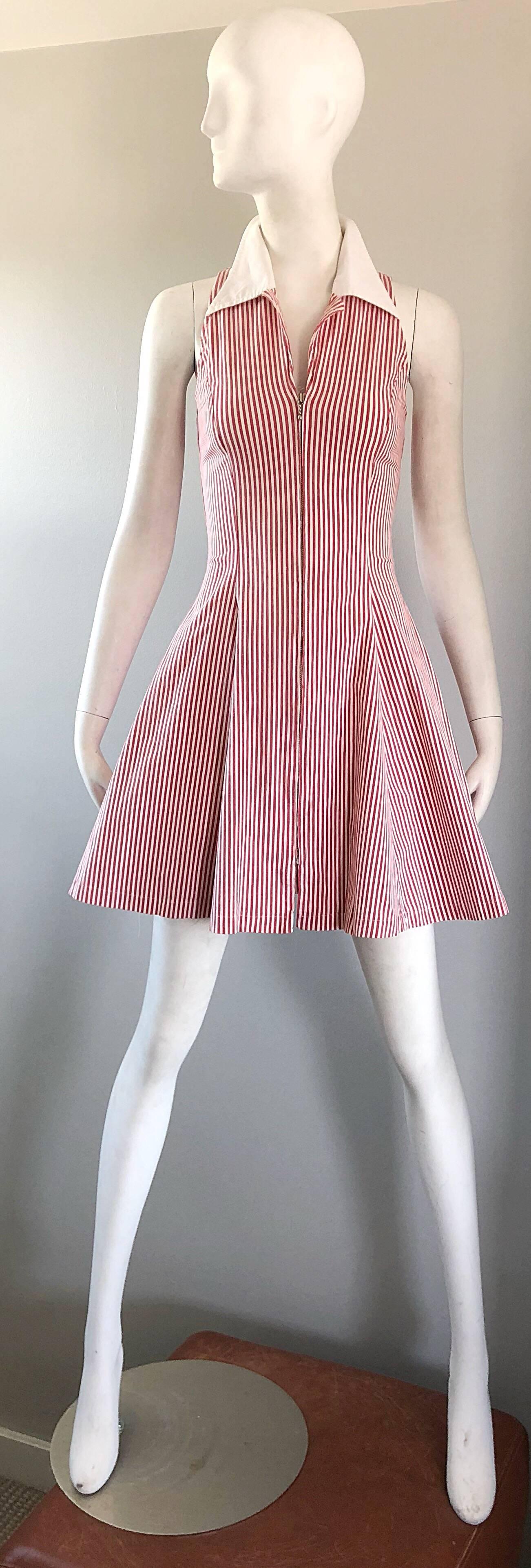 1980s Angelo Tarlazzi Vintage Red and White Seersucker Nautical Striped Dress  For Sale 5