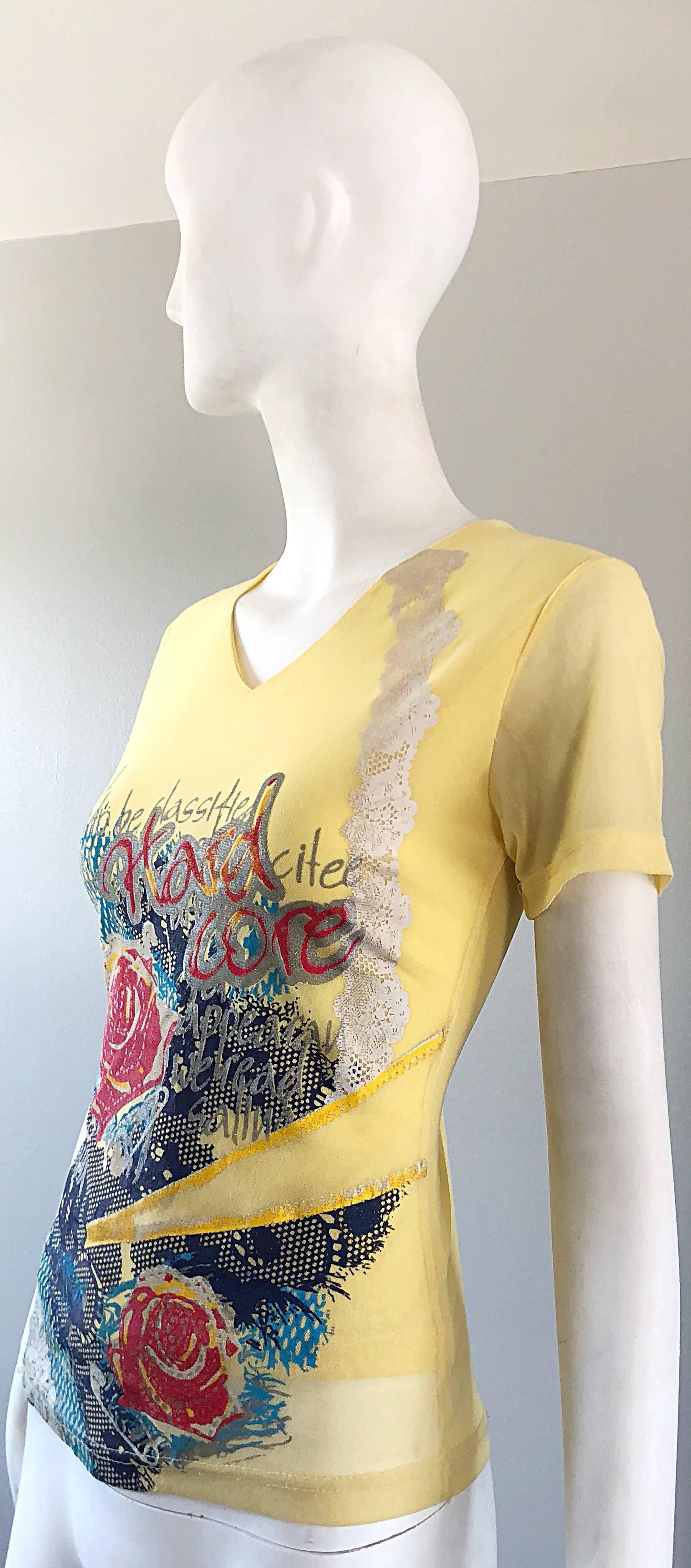 Beige 1990s Max Nugus Haute Couture Yellow Graffiti Print Mesh Vintage V Neck Shirt For Sale