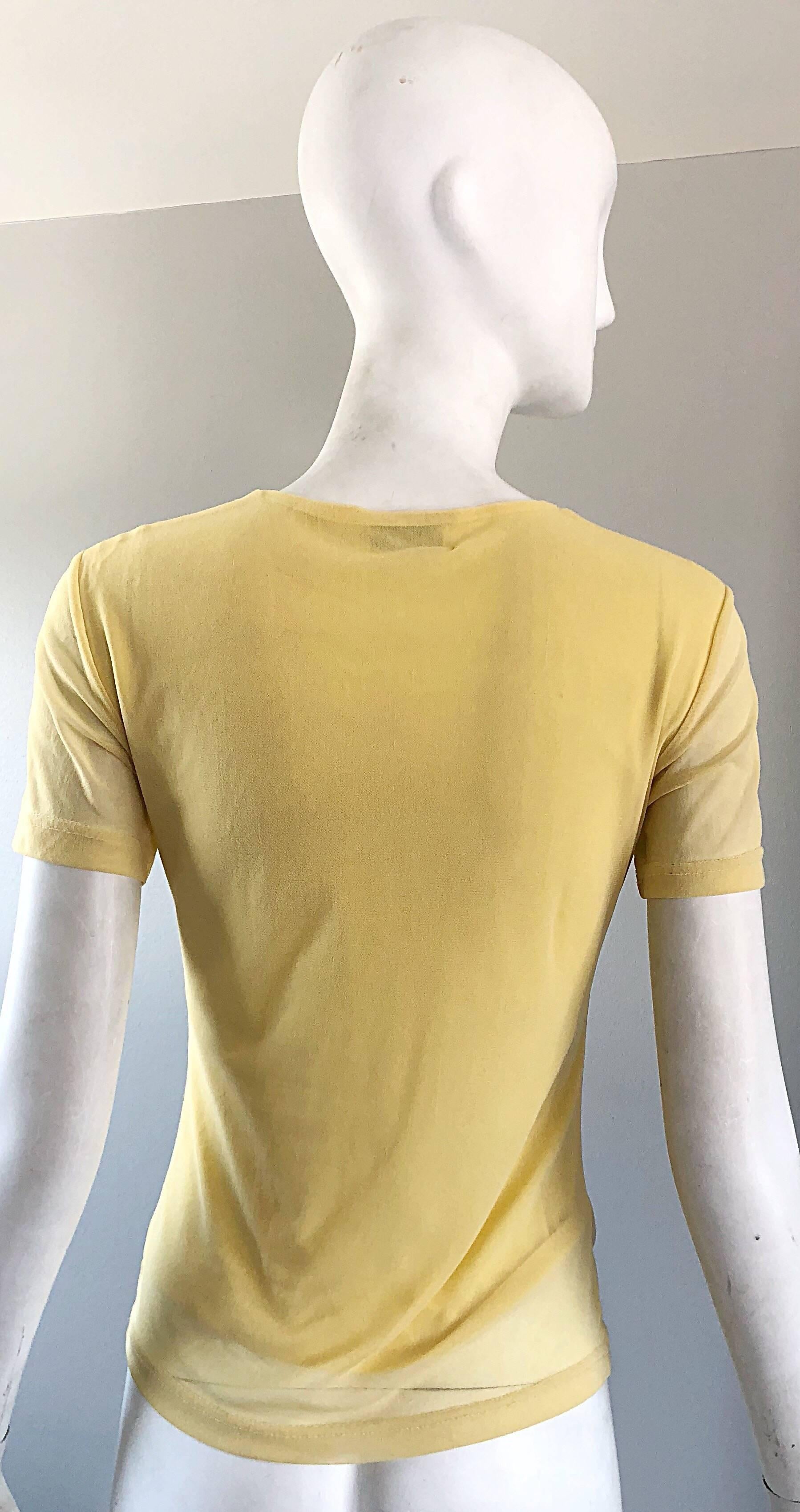 1990s Max Nugus Haute Couture Yellow Graffiti Print Mesh Vintage V Neck Shirt In Excellent Condition For Sale In San Diego, CA