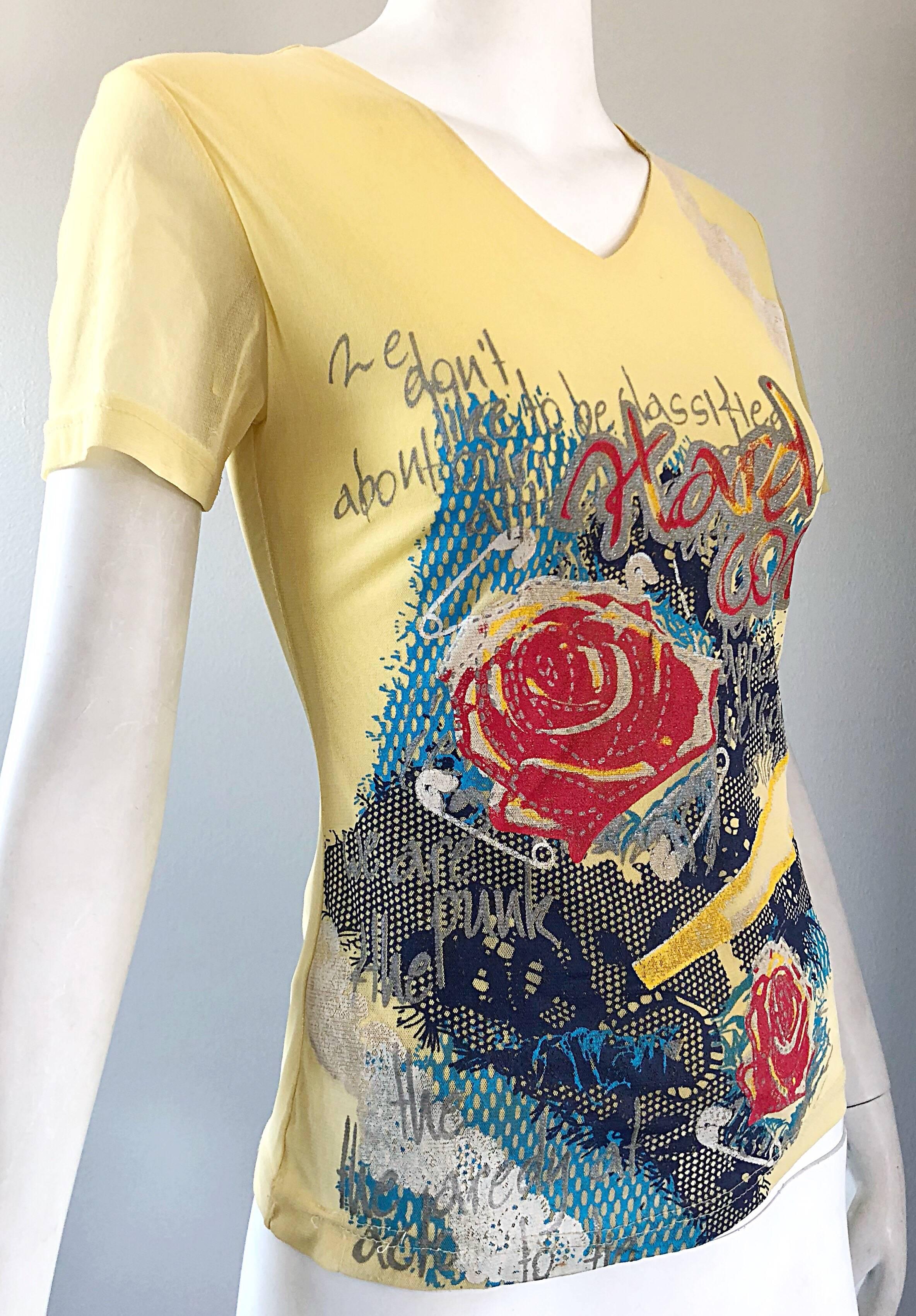 Women's 1990s Max Nugus Haute Couture Yellow Graffiti Print Mesh Vintage V Neck Shirt For Sale