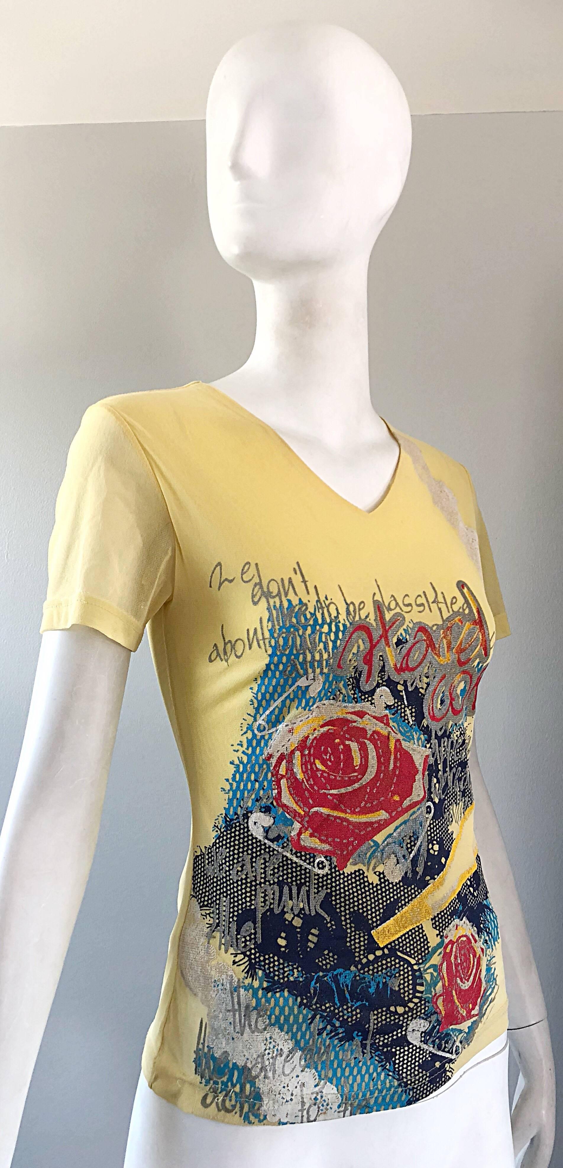 1990s Max Nugus Haute Couture Yellow Graffiti Print Mesh Vintage V Neck Shirt For Sale 2