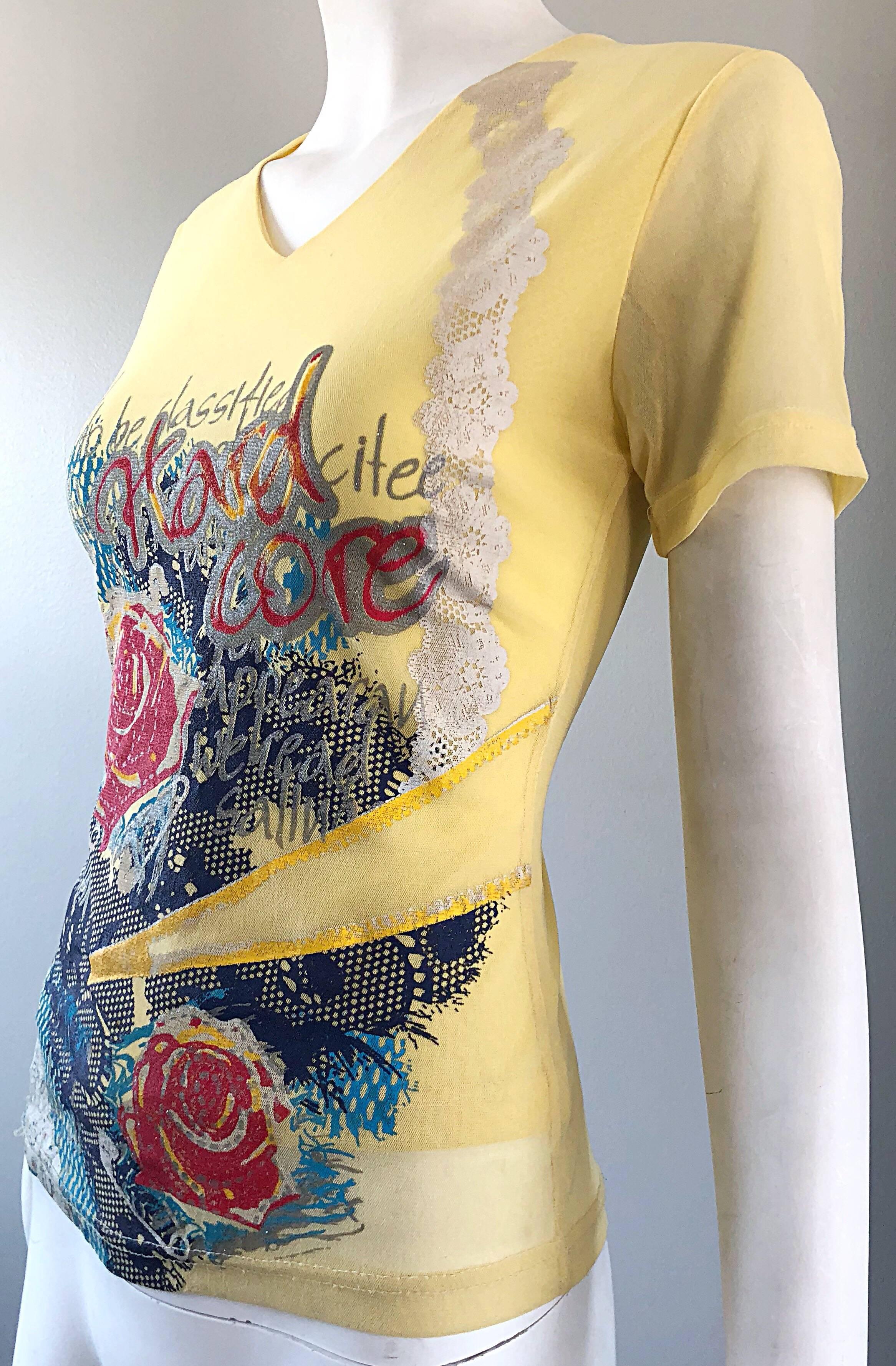 1990s Max Nugus Haute Couture Yellow Graffiti Print Mesh Vintage V Neck Shirt For Sale 4