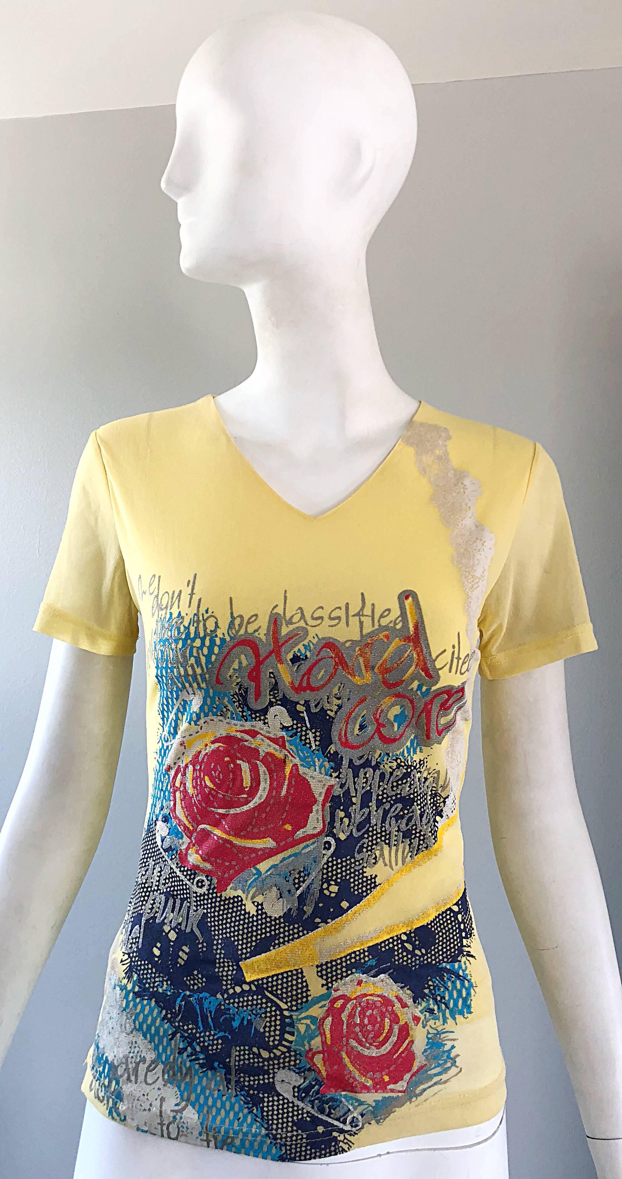 1990s Max Nugus Haute Couture Yellow Graffiti Print Mesh Vintage V Neck Shirt For Sale 6