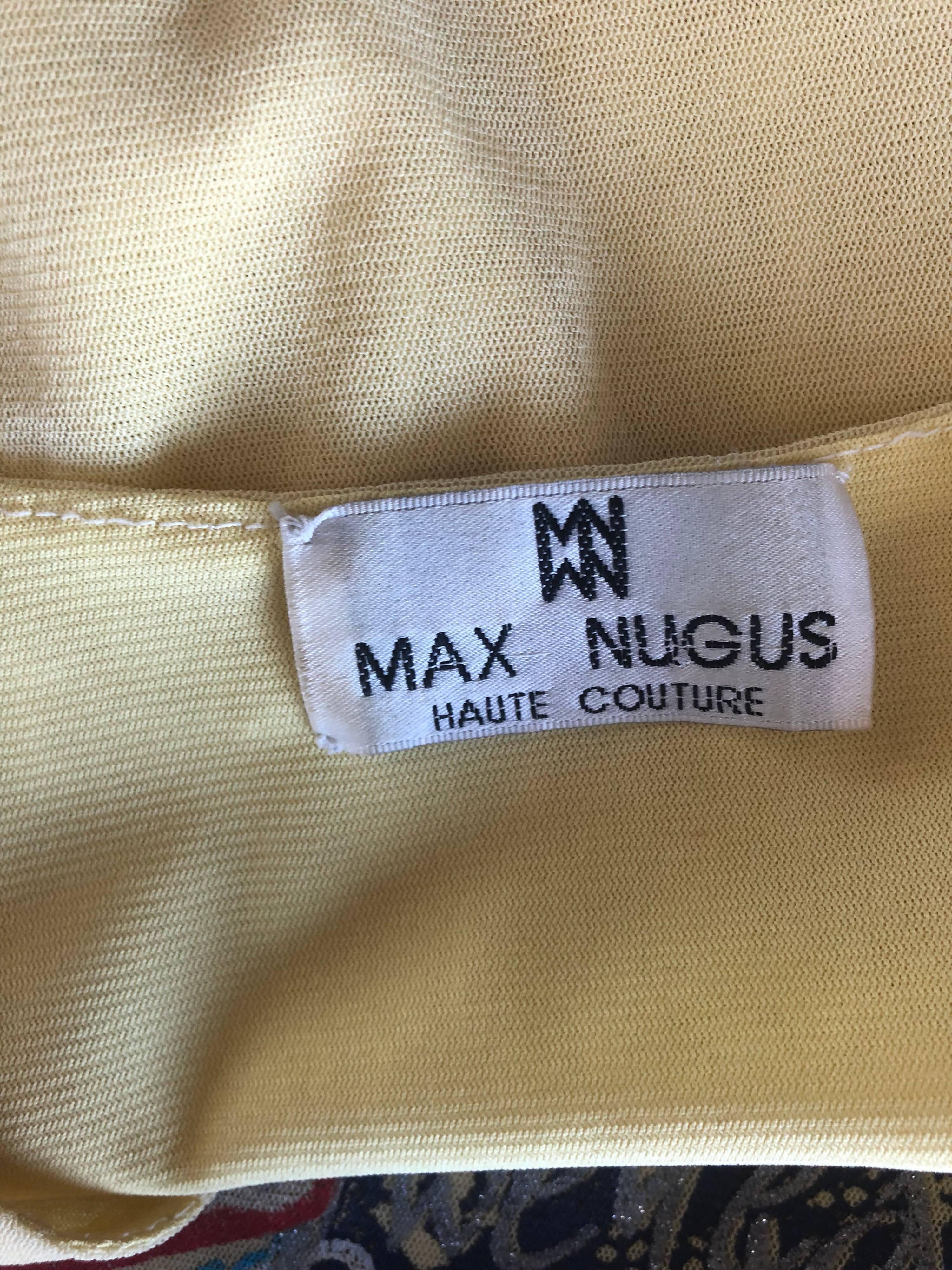 1990s Max Nugus Haute Couture Yellow Graffiti Print Mesh Vintage V Neck Shirt For Sale 7