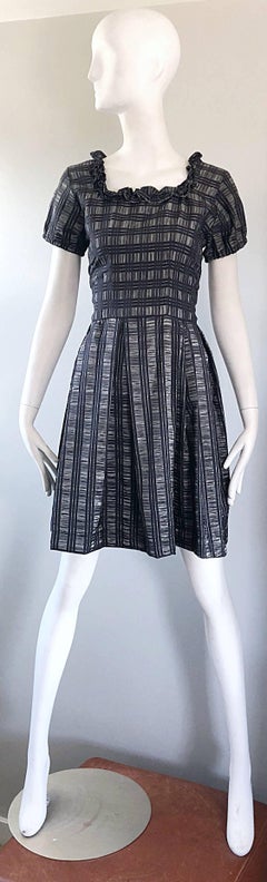 1950s Grey + Black Silk Plaid Taffeta Fit n Flare Short Sleeve Vintage 50s Dress