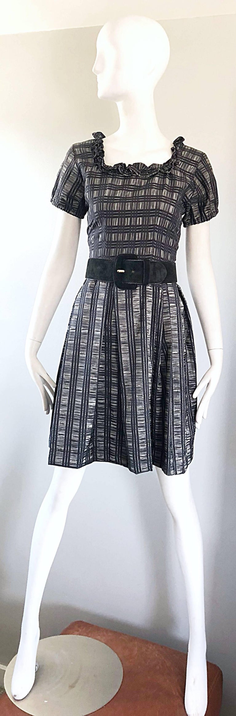 1950s Grey + Black Silk Plaid Taffeta Fit N Flare Short Sleeve Vintage 50s Dress