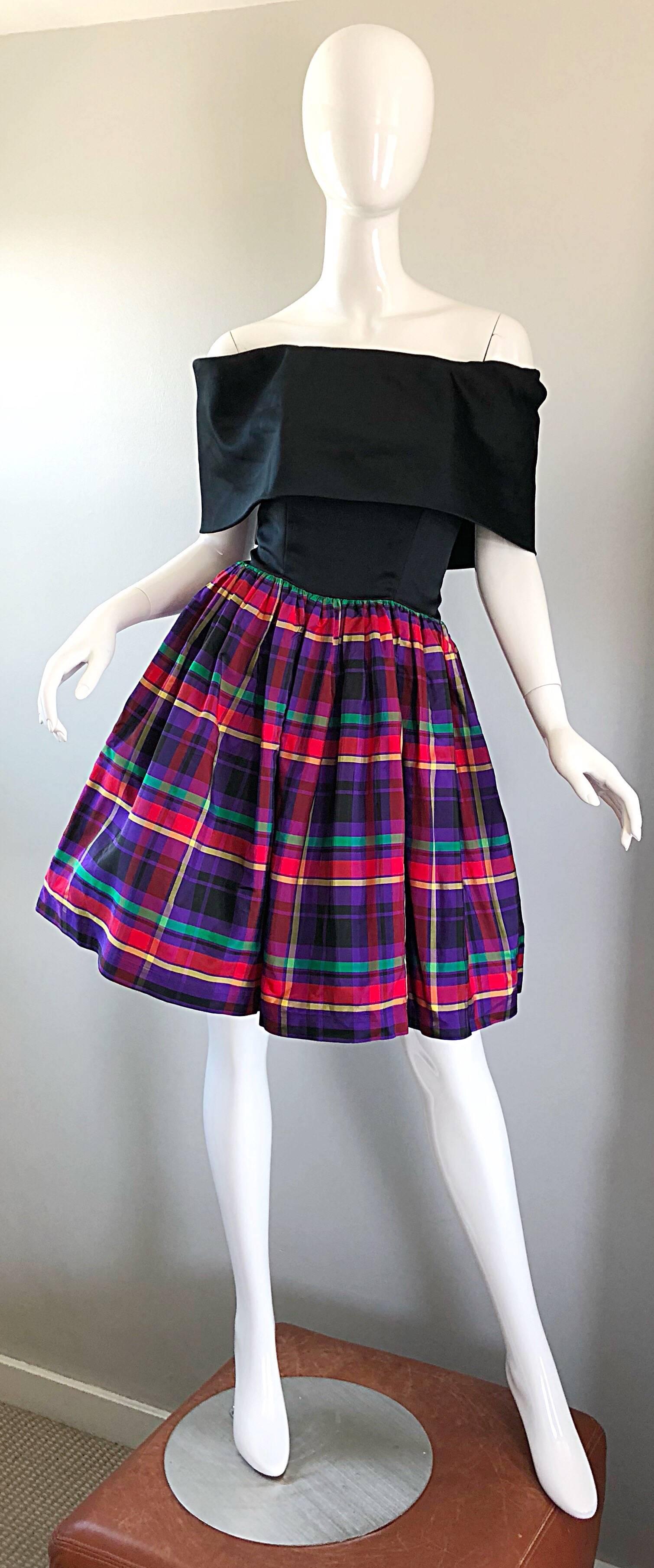 Elegant and flirty HUEY WALTZER for NEIMAN MARCUS black and plaid off-the-shoulder fit n' flare cocktail dress! Features a black satin Avant Garde tailored off-the shoulder fitted bodice. Flattering attached full taffeta skirt has a plaid print in