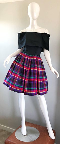 Vintage Huey Waltzer Size 6 8 Elegant Off Shoulder Black Plaid Vintage 90s Dress